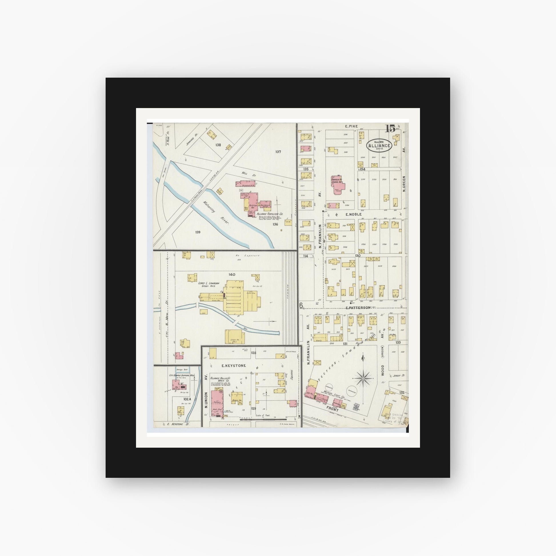 Old map wall art mockup — black gallery frame with white mat — Sanborn Fire Insurance Map from Alliance, Stark County, Ohio (1898), Sheet #0015