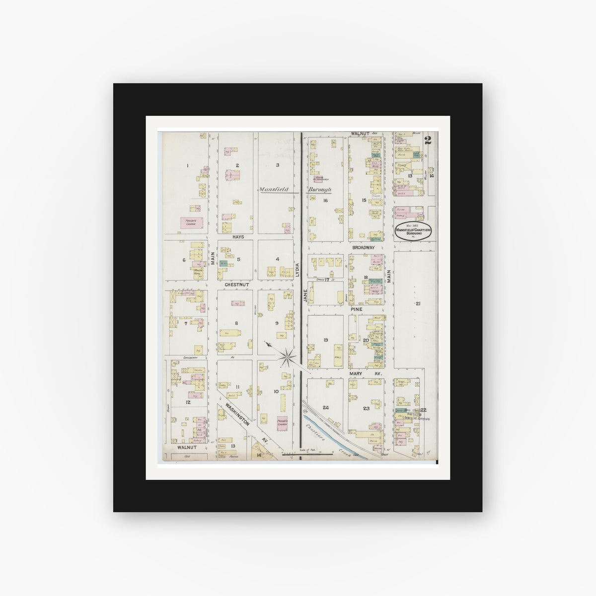 Old map wall art mockup — black gallery frame with white mat — Sanborn Fire Insurance Map from Mansfield Borough, Allegheny County, Pennsylvania (1889), Sheet #0002