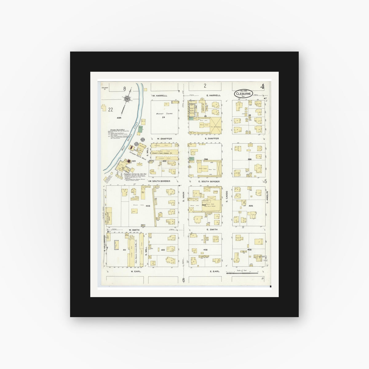 Old map wall art mockup — black gallery frame with white mat — Sanborn Fire Insurance Map from Cleburne, Johnson County, Texas (1910), Sheet #0004