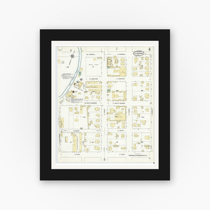 Old map wall art mockup — black gallery frame with white mat — Sanborn Fire Insurance Map from Cleburne, Johnson County, Texas (1910), Sheet #0004