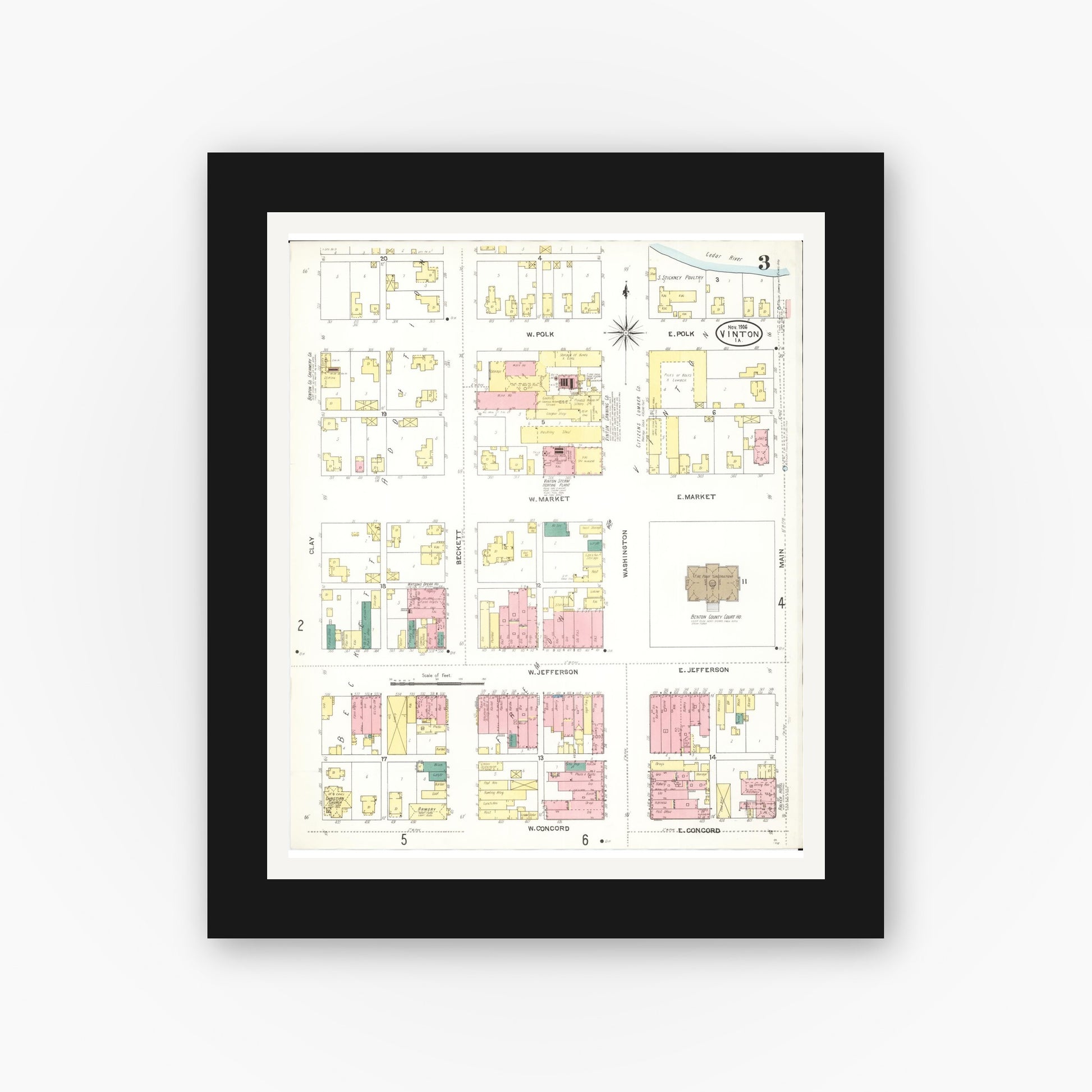 Old map wall art mockup — black gallery frame with white mat — Sanborn Fire Insurance Map from Vinton, Benton County, Iowa (1906), Sheet #0003