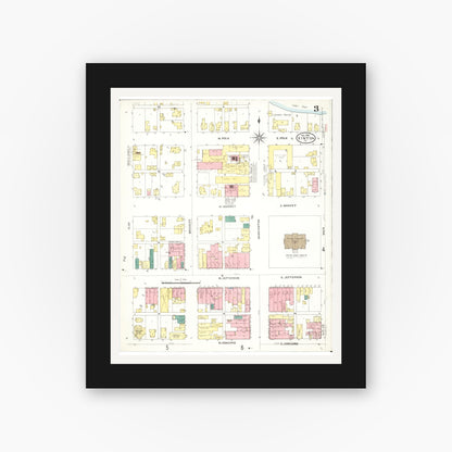 Old map wall art mockup — black gallery frame with white mat — Sanborn Fire Insurance Map from Vinton, Benton County, Iowa (1906), Sheet #0003