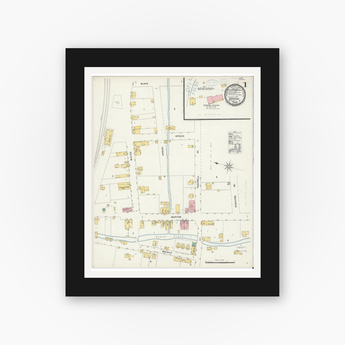 Old map wall art mockup — black gallery frame with white mat — Sanborn Fire Insurance Map from Graham, Tazewell County, Virginia (1898) - Complete Map Set