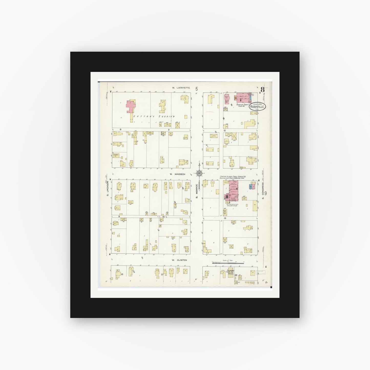 Old map wall art mockup — black gallery frame with white mat — Sanborn Fire Insurance Map from Rushville, Schuyler County, Illinois (1913), Sheet #0008