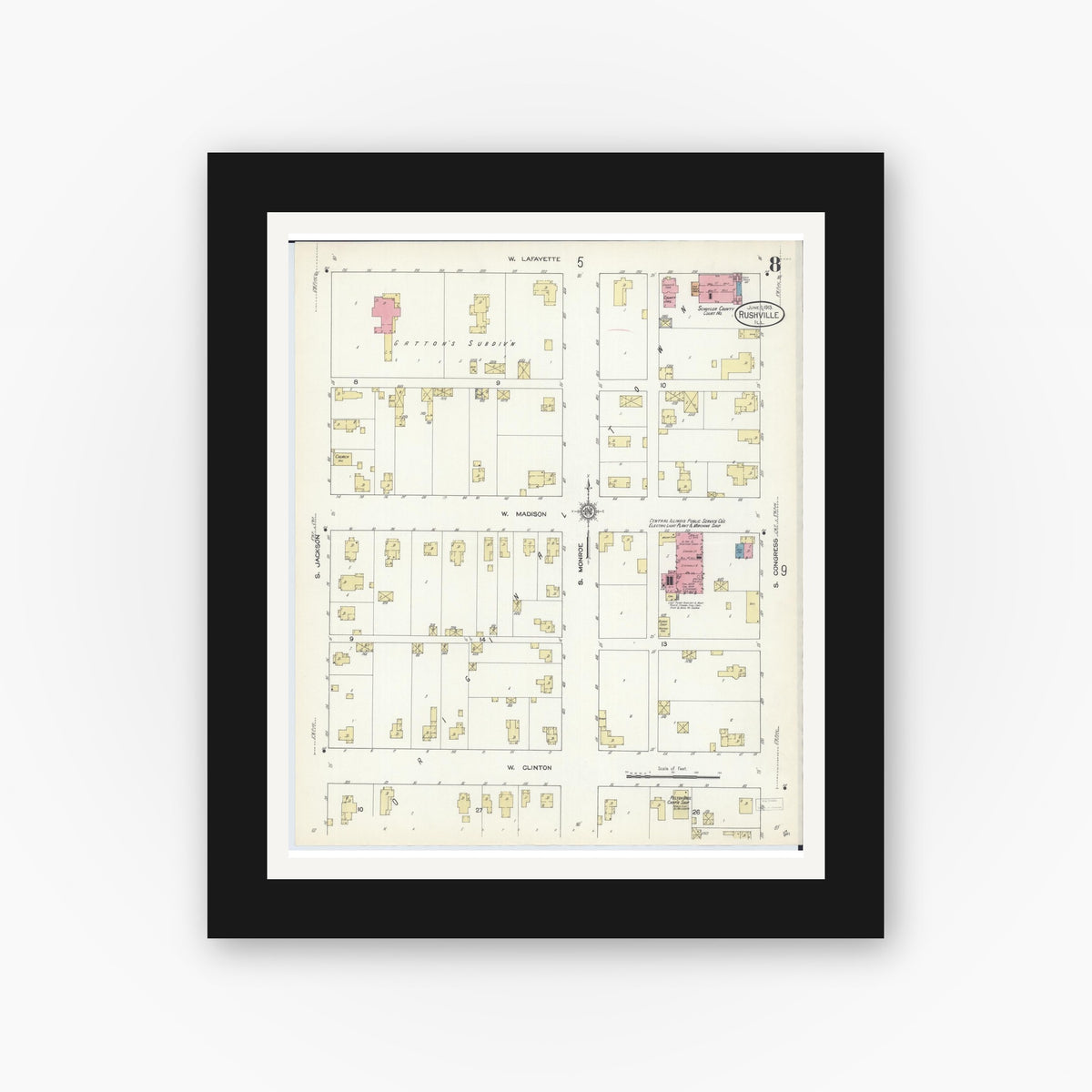 Old map wall art mockup — black gallery frame with white mat — Sanborn Fire Insurance Map from Rushville, Schuyler County, Illinois (1913), Sheet #0008