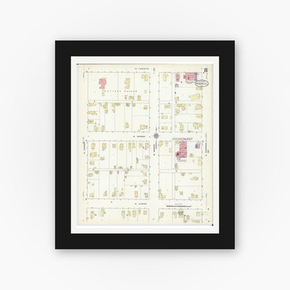 Old map wall art mockup — black gallery frame with white mat — Sanborn Fire Insurance Map from Rushville, Schuyler County, Illinois (1913), Sheet #0008