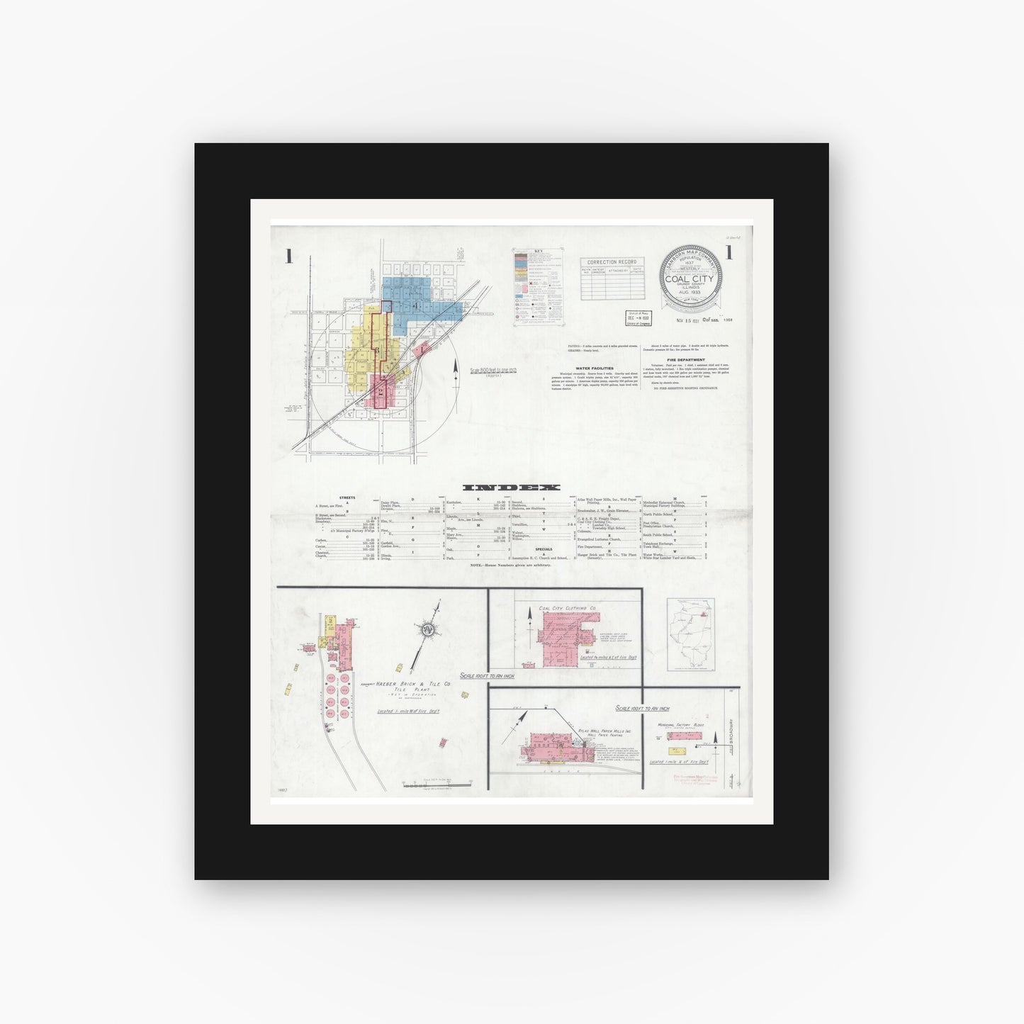 Old map wall art mockup — black gallery frame with white mat — Sanborn Fire Insurance Map from Coal City, Grundy County, Illinois (1933) - Complete Map Set