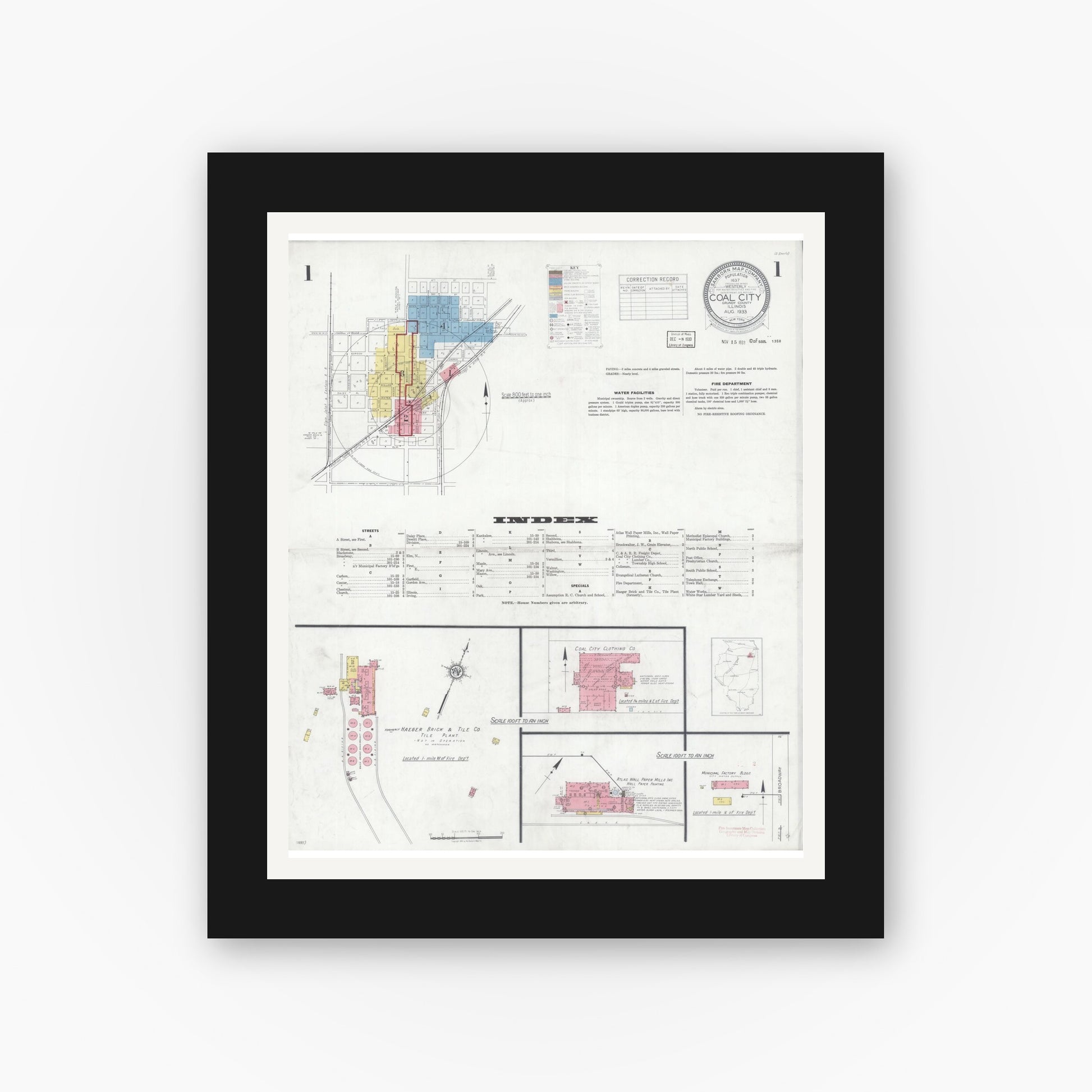 Old map wall art mockup — black gallery frame with white mat — Sanborn Fire Insurance Map from Coal City, Grundy County, Illinois (1933) - Complete Map Set
