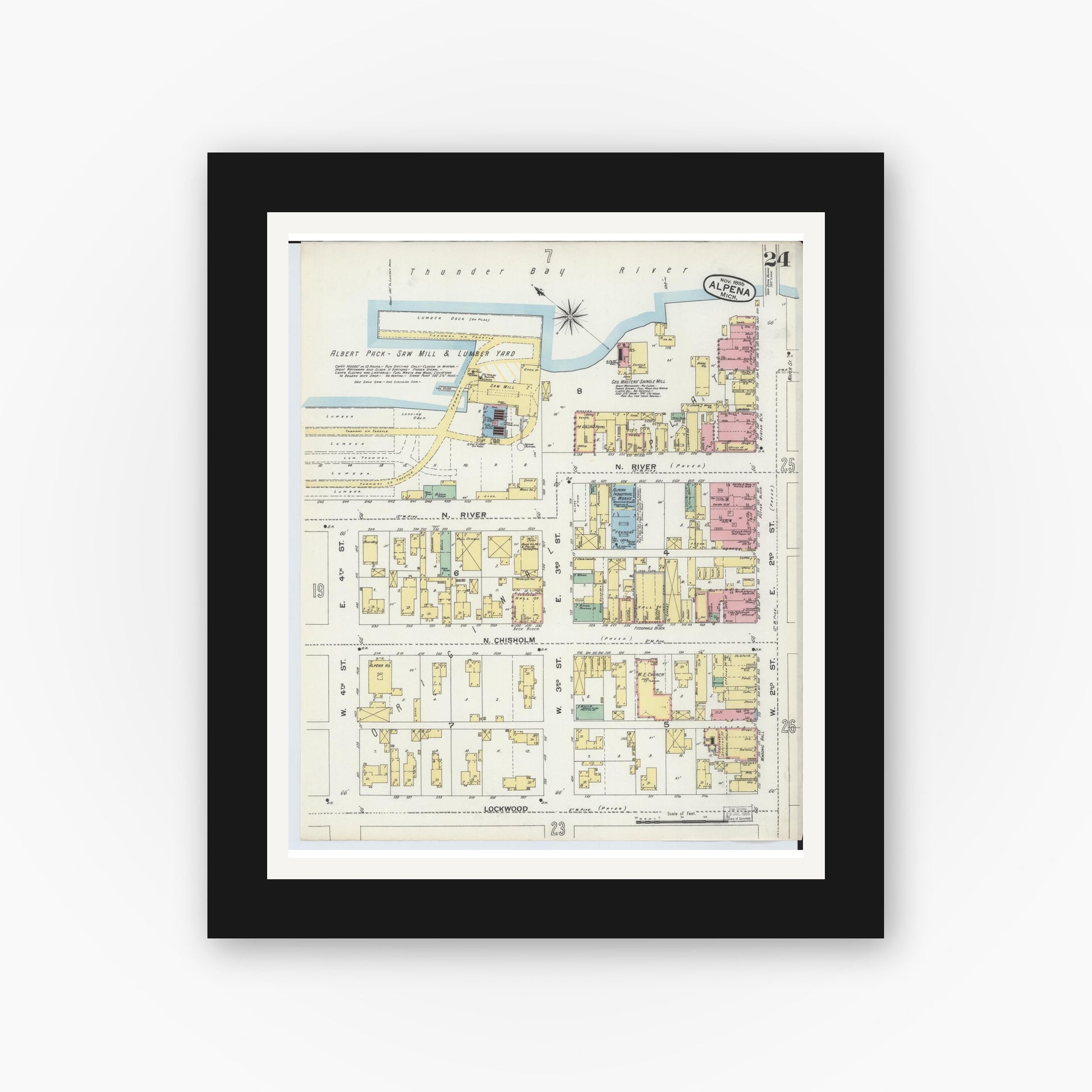 Old map wall art mockup — black gallery frame with white mat — Sanborn Fire Insurance Map from Alpena, Alpena County, Michigan (1895), Sheet #0024