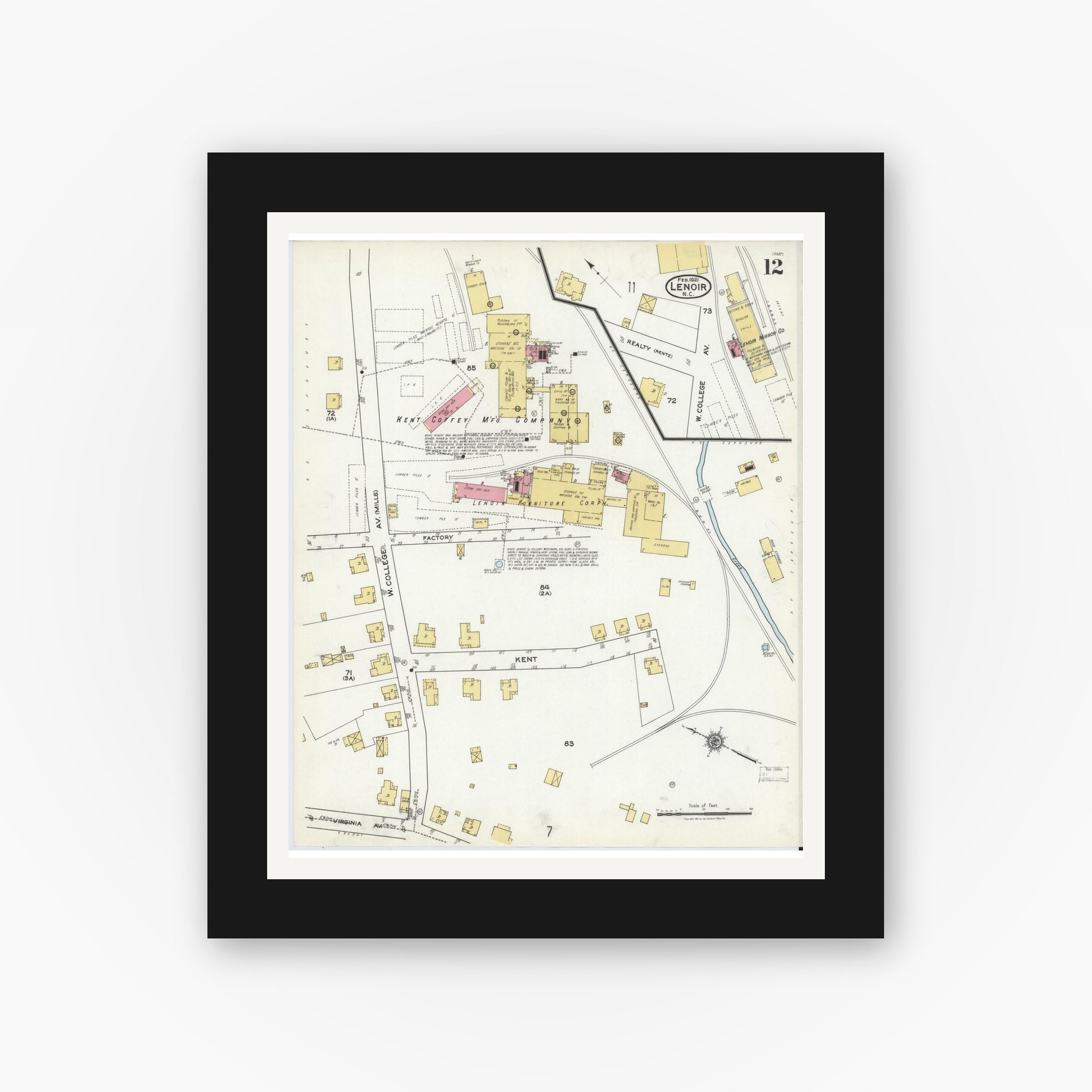 Old map wall art mockup — black gallery frame with white mat — Sanborn Fire Insurance Map from Lenoir, Caldwell County, North Carolina (1921), Sheet #0012