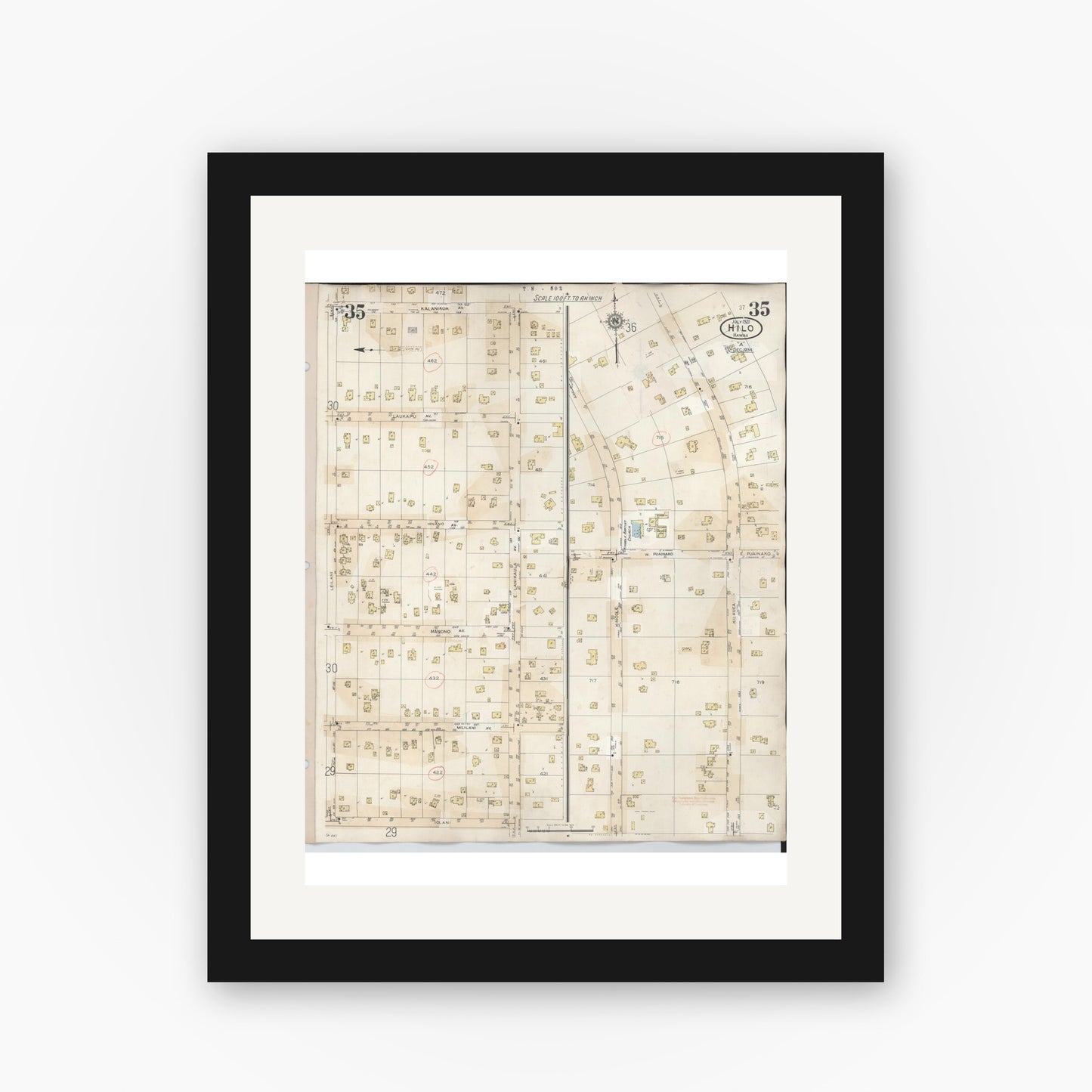Old map wall art mockup — black gallery frame with white mat — Sanborn Fire Insurance Map from Hilo, Hawaii County, Hawaii (1957), Sheet #0035