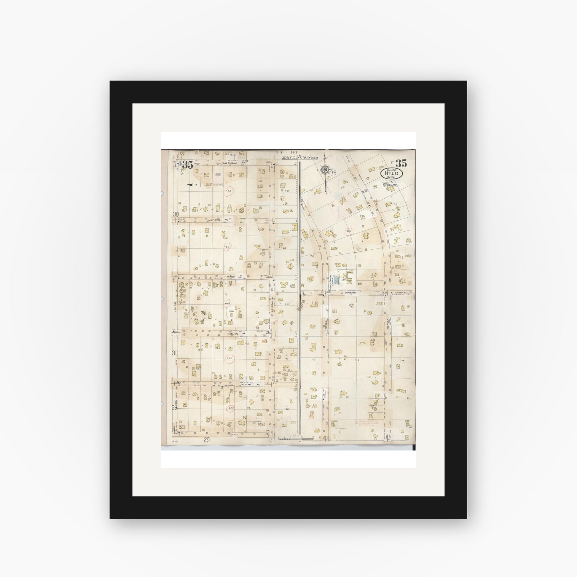 Old map wall art mockup — black gallery frame with white mat — Sanborn Fire Insurance Map from Hilo, Hawaii County, Hawaii (1957), Sheet #0035