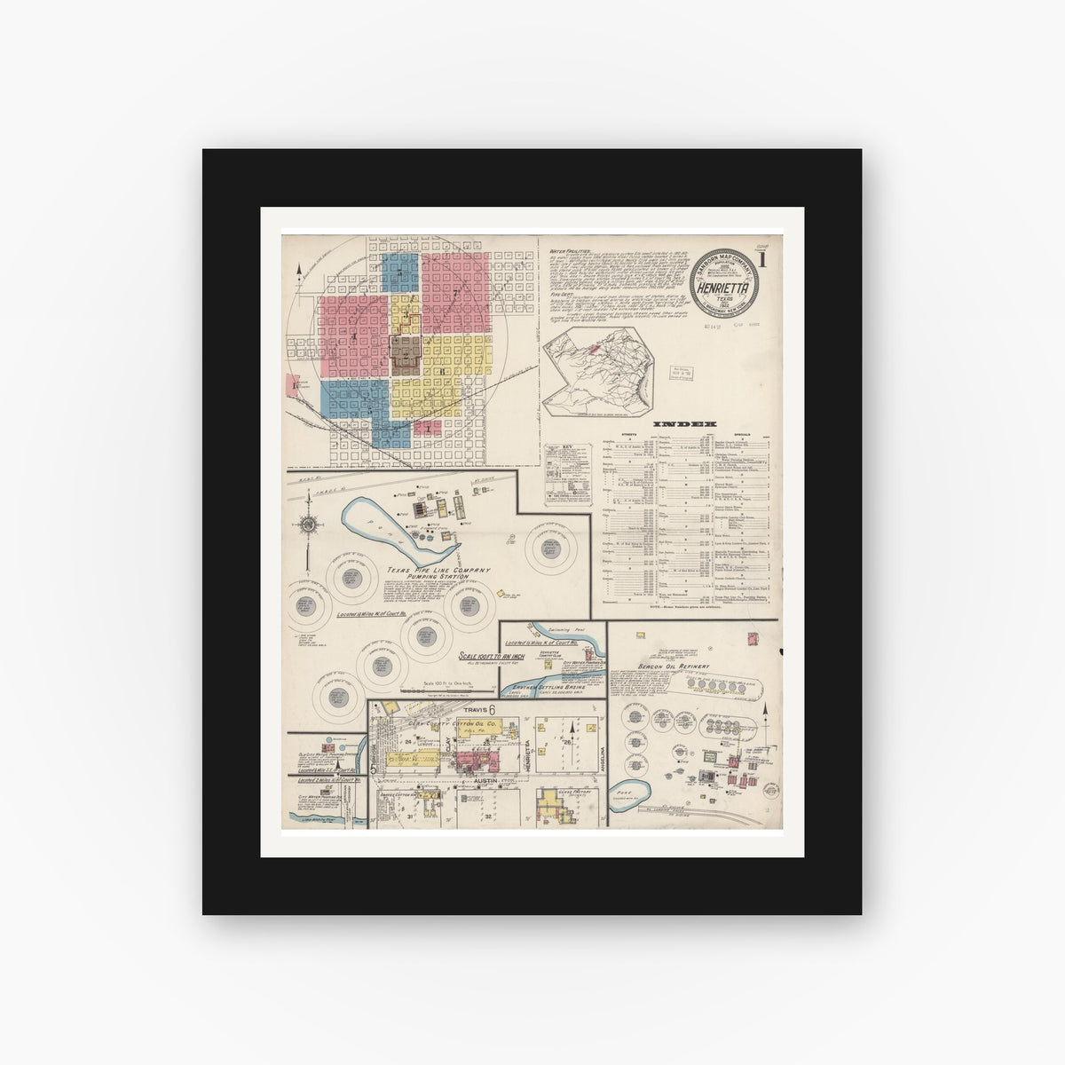 Old map wall art mockup — black gallery frame with white mat — Sanborn Fire Insurance Map from Henrietta, Clay County, Texas (1922), Sheet #0001