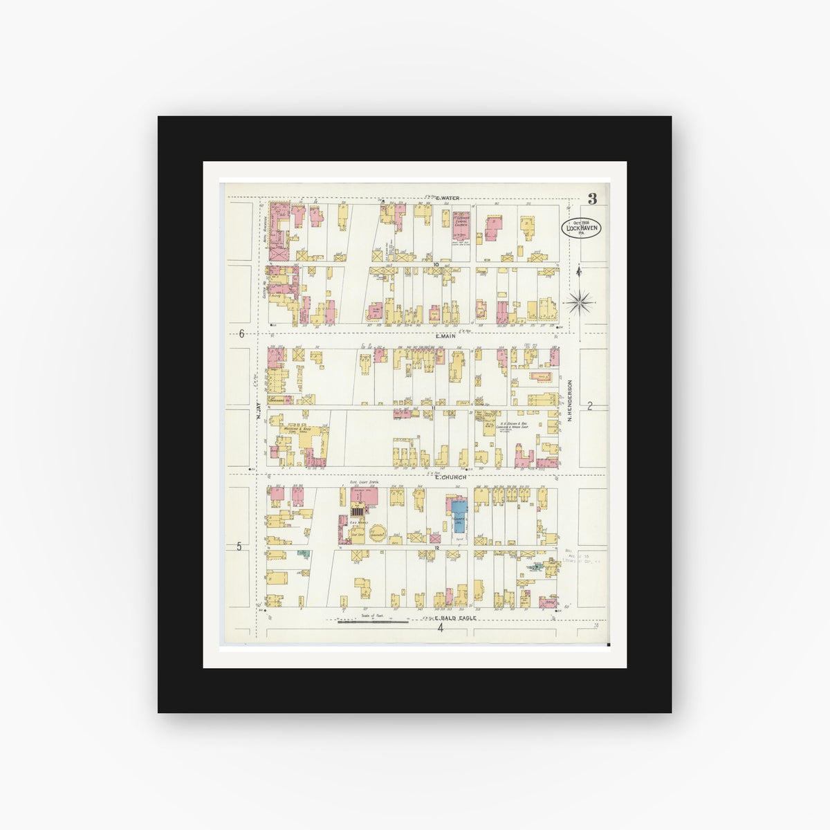 Old map wall art mockup — black gallery frame with white mat — Sanborn Fire Insurance Map from Lock Haven, Clinton County, Pennsylvania (1906), Sheet #0003