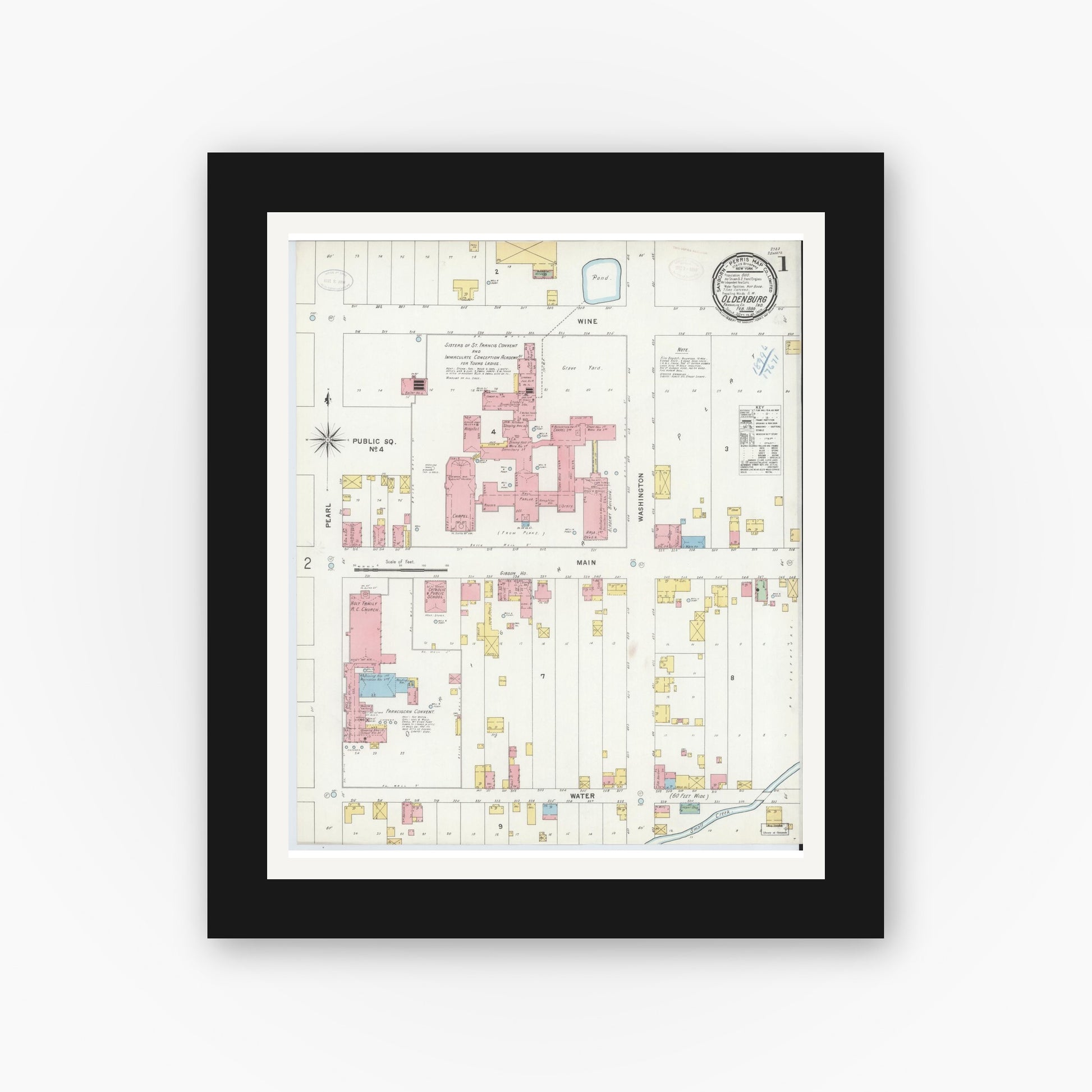 Old map wall art mockup — black gallery frame with white mat — Sanborn Fire Insurance Map from Oldenburg, Franklin County, Indiana (1899) - Complete Map Set