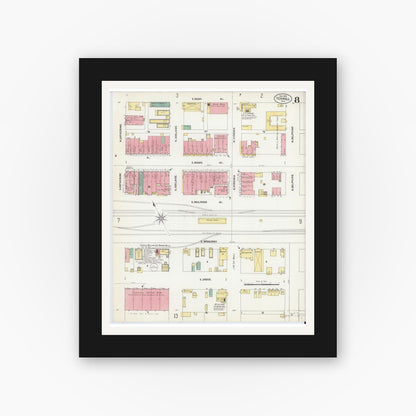 Old map wall art mockup — black gallery frame with white mat — Sanborn Fire Insurance Map from Terrell, Kaufman County, Texas (1902), Sheet #0008