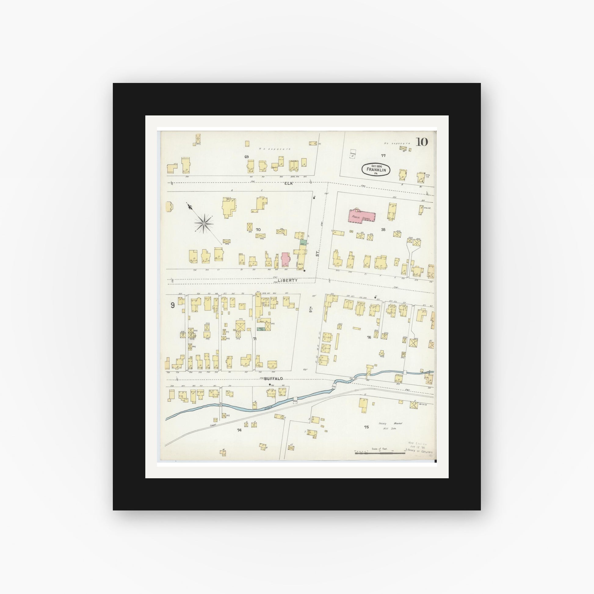 Old map wall art mockup — black gallery frame with white mat — Sanborn Fire Insurance Map from Franklin, Venango County, Pennsylvania (1896), Sheet #0010
