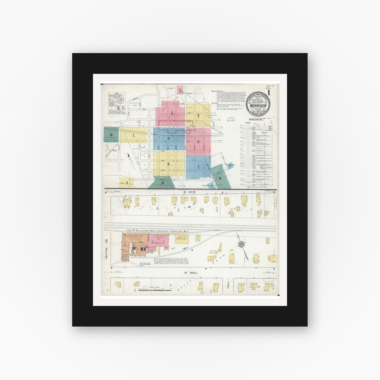 Old map wall art mockup — black gallery frame with white mat — Sanborn Fire Insurance Map from Morrison, Whiteside County, Illinois (1912) - Complete Map Set