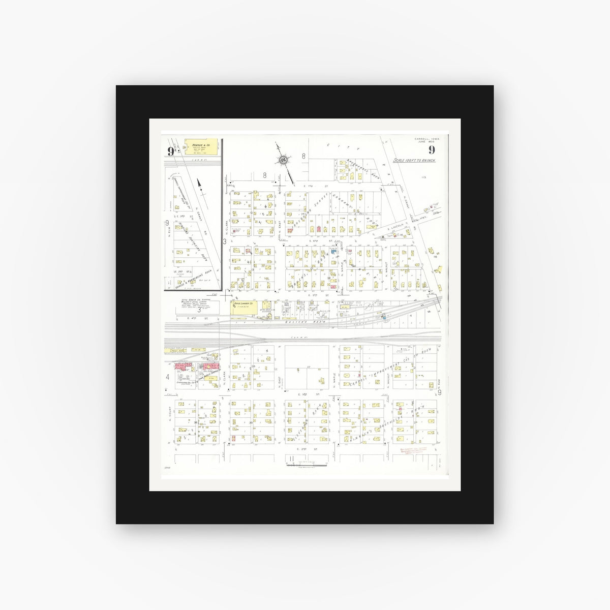 Old map wall art mockup — black gallery frame with white mat — Sanborn Fire Insurance Map from Carroll, Carroll County, Iowa (1935), Sheet #0009