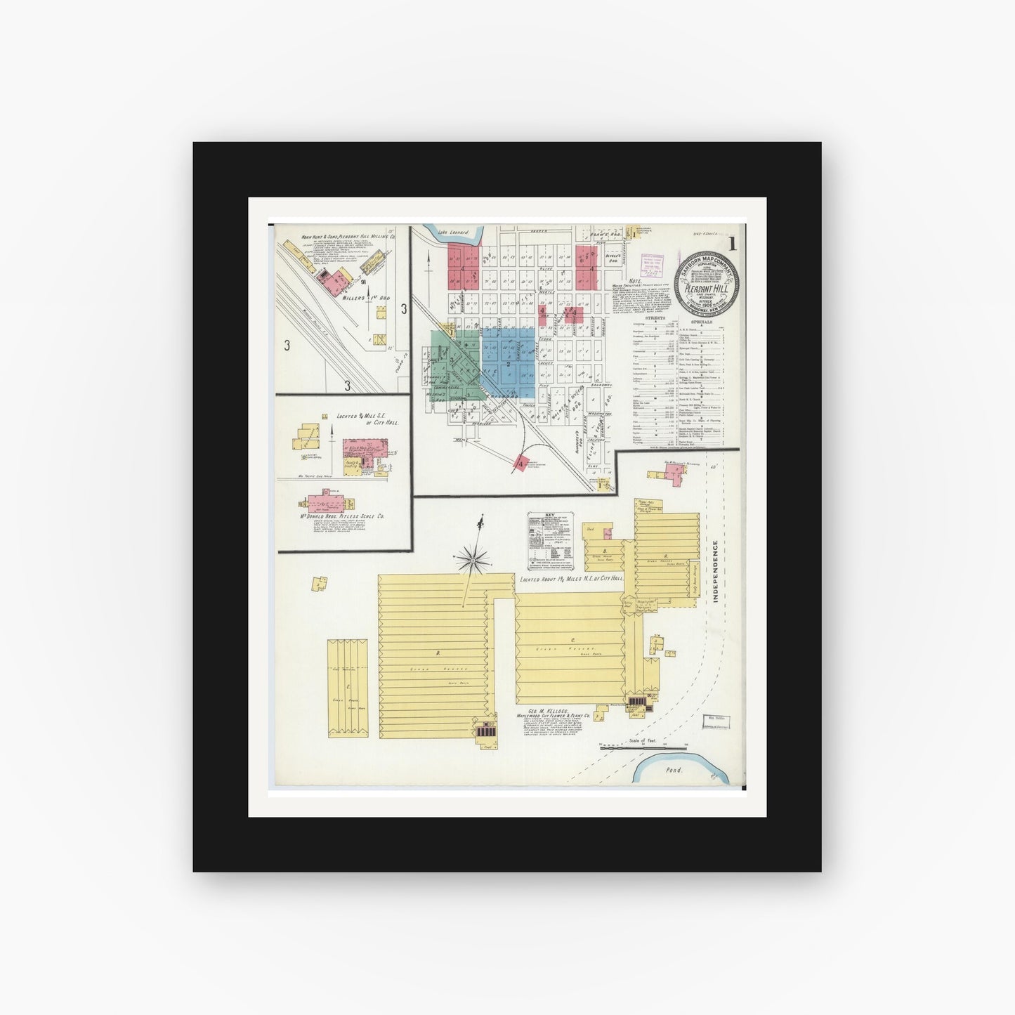 Old map wall art mockup — black gallery frame with white mat — Sanborn Fire Insurance Map from Pleasant Hill, Cass County, Missouri (1906), Sheet #0001