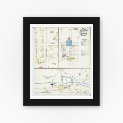 Old map wall art mockup — black gallery frame with white mat — Sanborn Fire Insurance Map from Wadsworth, Medina County, Ohio (1893), Sheet #0001