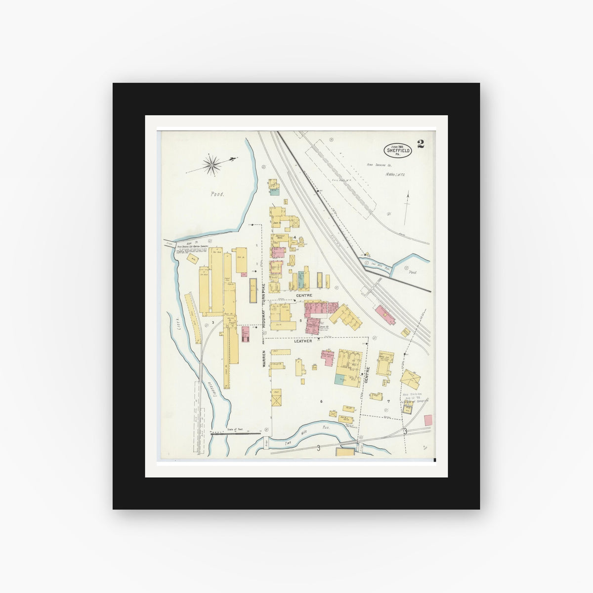 Old map wall art mockup — black gallery frame with white mat — Sanborn Fire Insurance Map from Sheffield, Warren County, Pennsylvania (1905), Sheet #0002