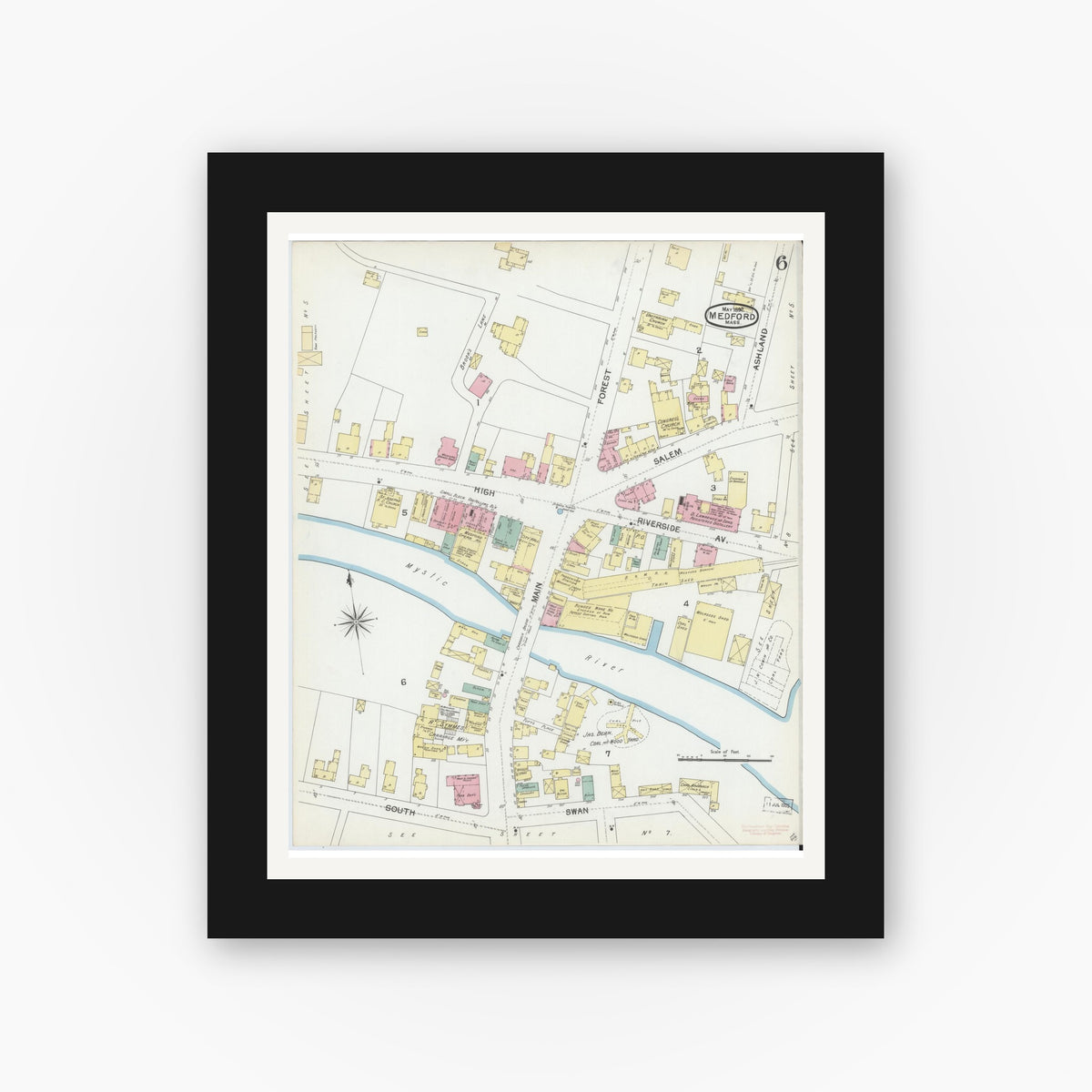 Old map wall art mockup — black gallery frame with white mat — Sanborn Fire Insurance Map from Medford, Middlesex County, Massachusetts (1892), Sheet #0006