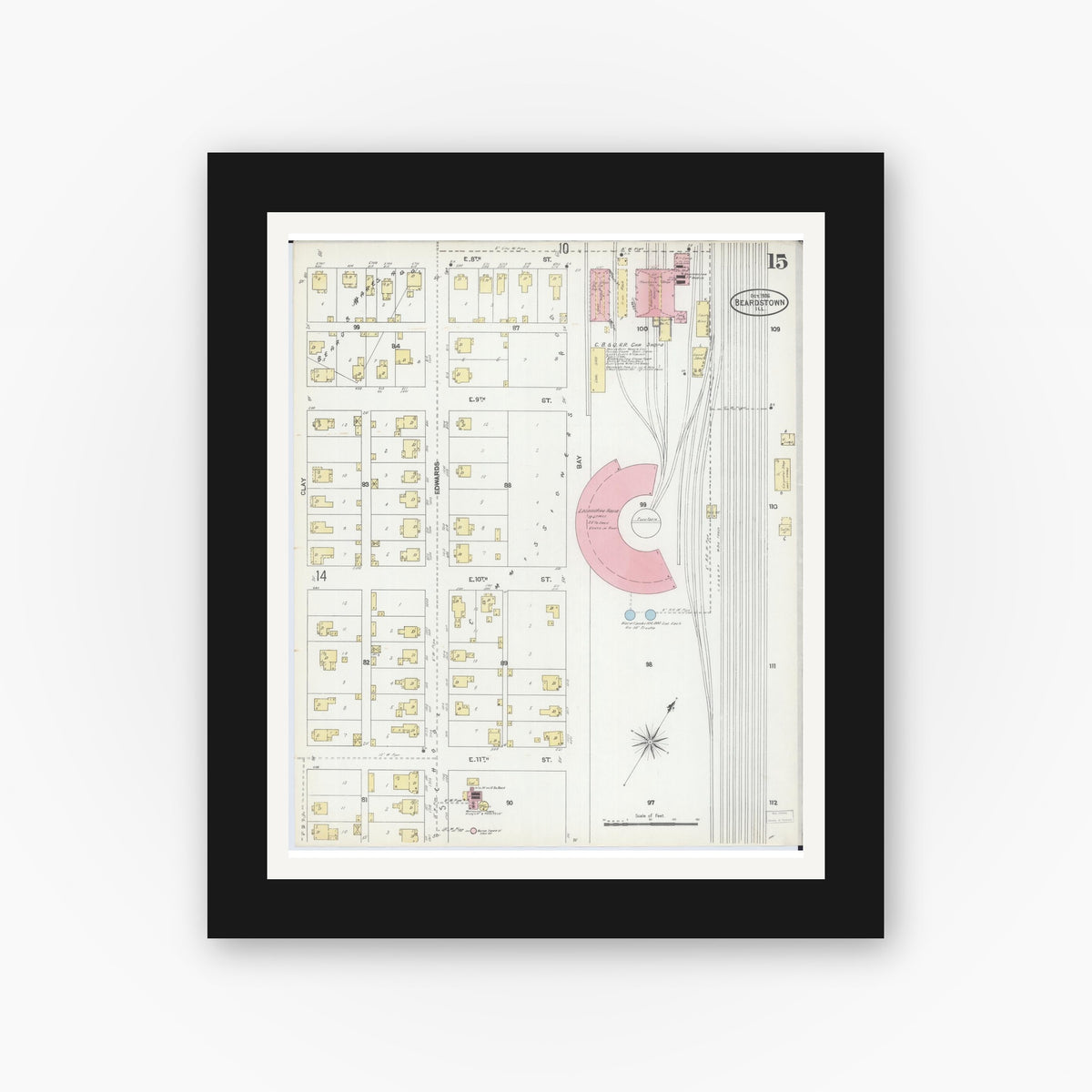 Old map wall art mockup — black gallery frame with white mat — Sanborn Fire Insurance Map from Beardstown, Cass County, Illinois (1906), Sheet #0015