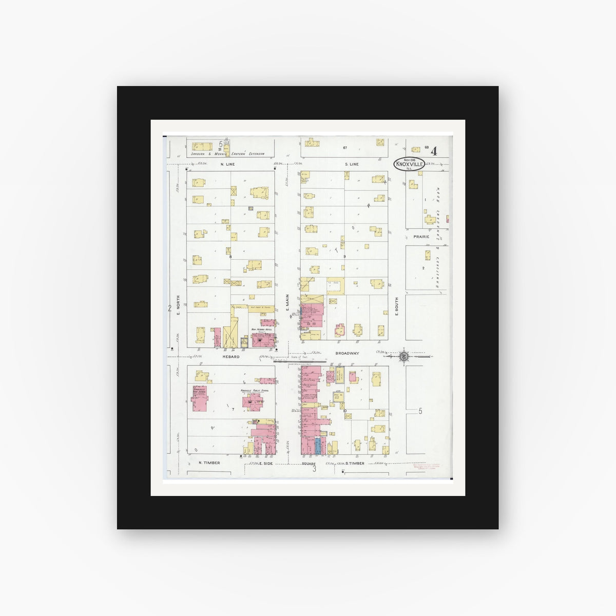 Old map wall art mockup — black gallery frame with white mat — Sanborn Fire Insurance Map from Knoxville, Knox County, Illinois (1918), Sheet #0004