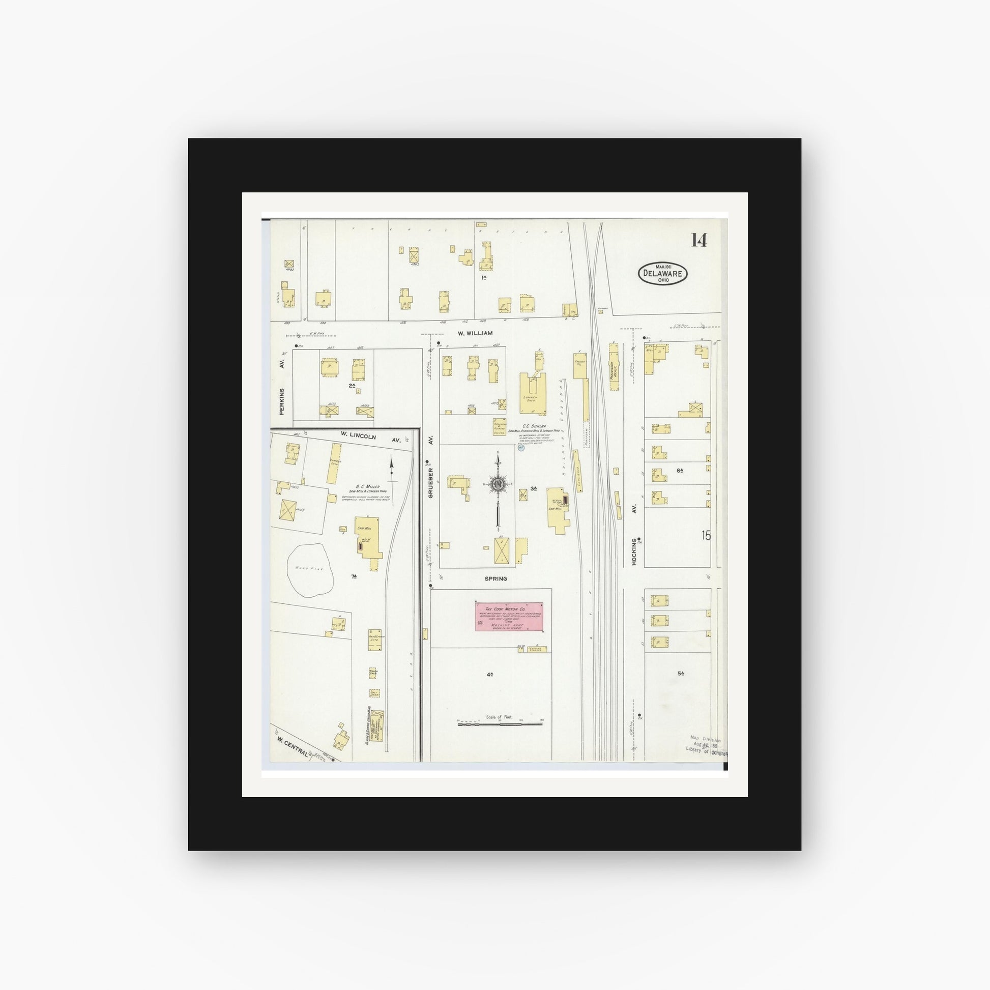 Old map wall art mockup — black gallery frame with white mat — Sanborn Fire Insurance Map from Delaware, Delaware County, Ohio (1911), Sheet #0014