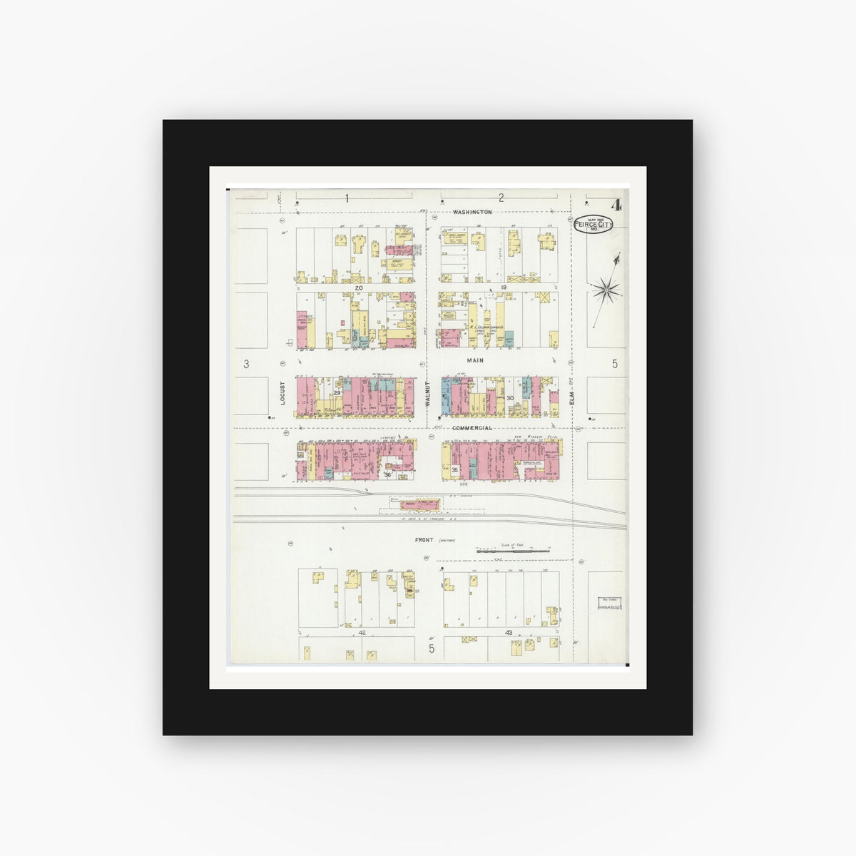 Old map wall art mockup — black gallery frame with white mat — Sanborn Fire Insurance Map from Pierce City, Lawrence County, Missouri (1902), Sheet #0004