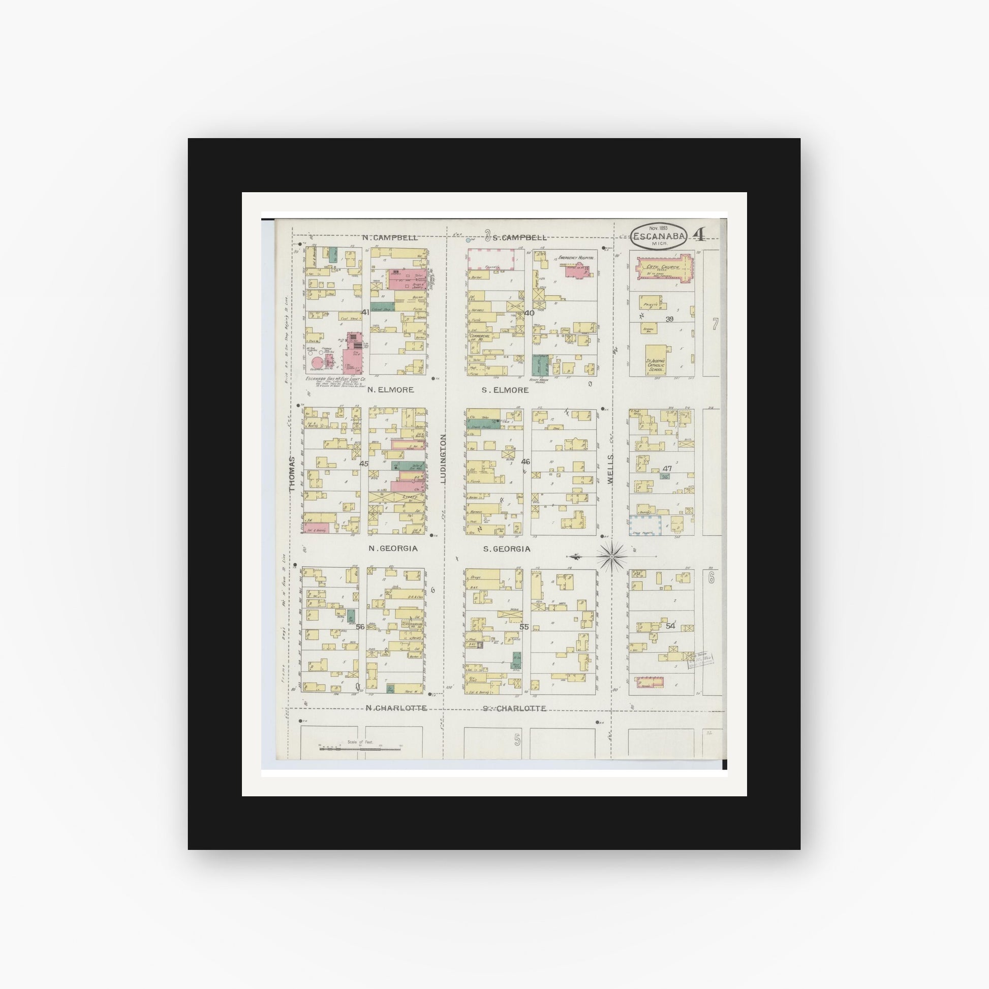 Old map wall art mockup — black gallery frame with white mat — Sanborn Fire Insurance Map from Escanaba, Delta County, Michigan (1893), Sheet #0004