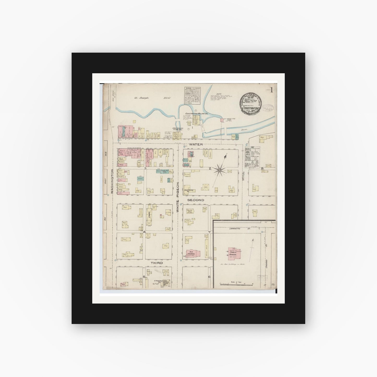 Old map wall art mockup — black gallery frame with white mat — Sanborn Fire Insurance Map from Constantine, Saint Joseph County, Michigan (1884) - Complete Map Set