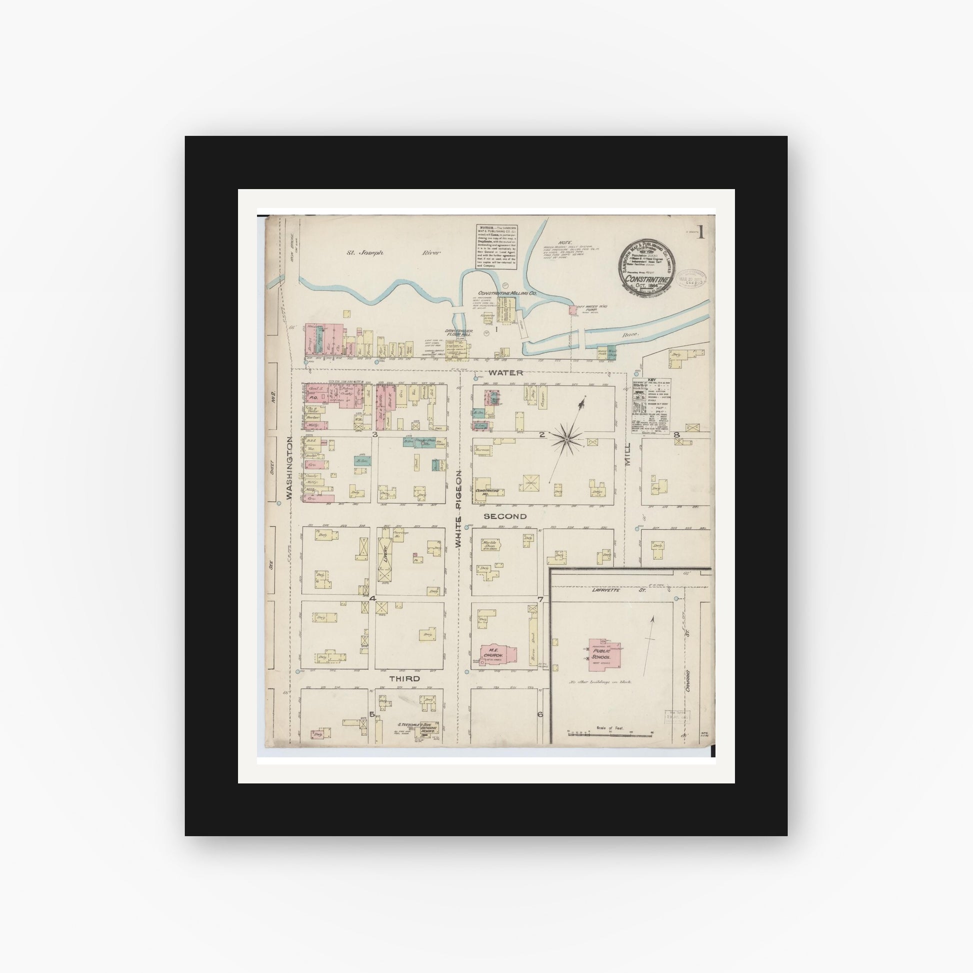 Old map wall art mockup — black gallery frame with white mat — Sanborn Fire Insurance Map from Constantine, Saint Joseph County, Michigan (1884) - Complete Map Set