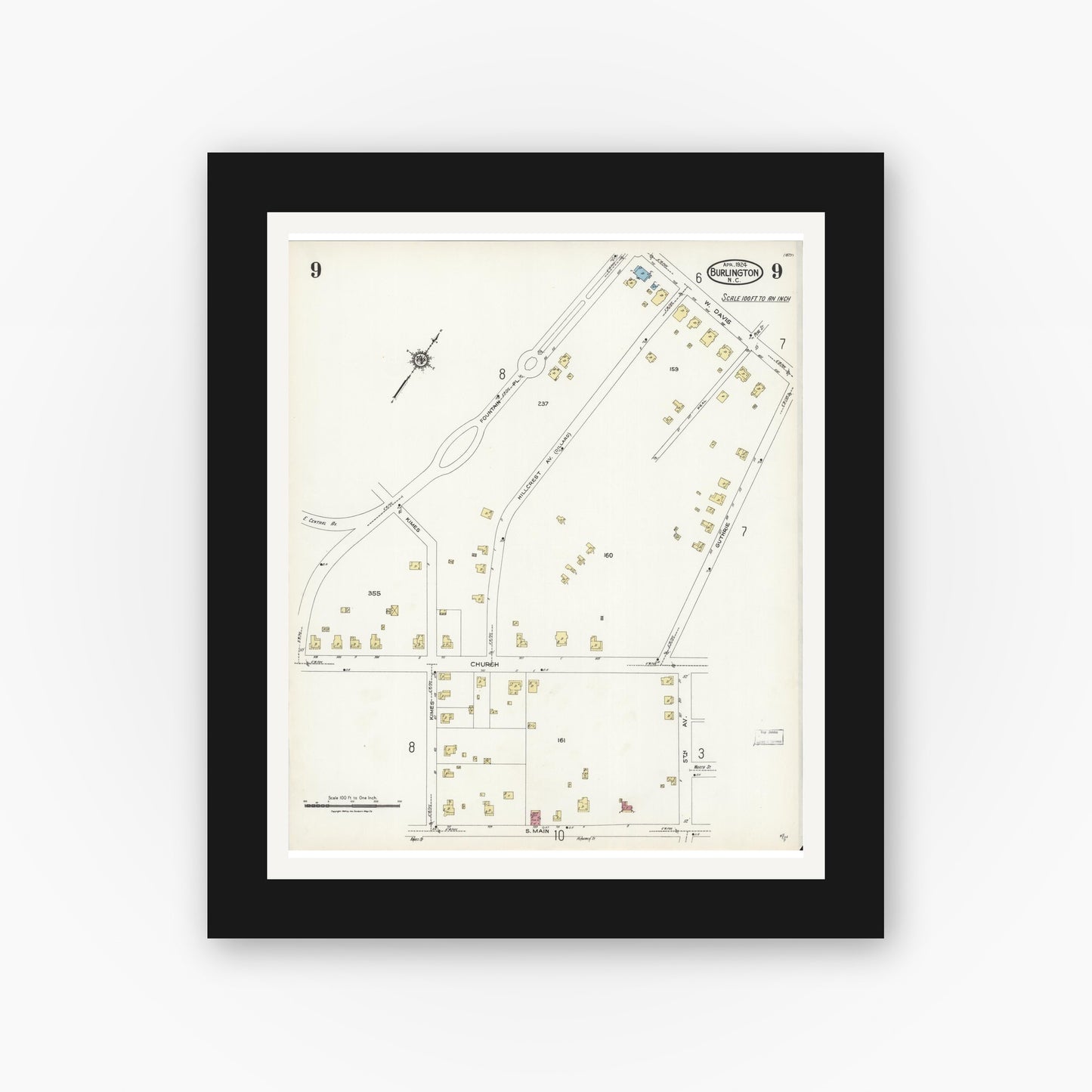 Old map wall art mockup — black gallery frame with white mat — Sanborn Fire Insurance Map from Burlington, Alamance County, North Carolina (1924), Sheet #0009