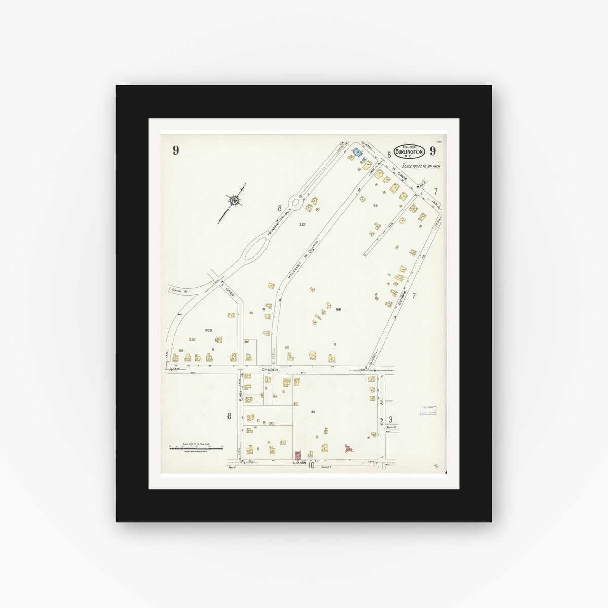 Old map wall art mockup — black gallery frame with white mat — Sanborn Fire Insurance Map from Burlington, Alamance County, North Carolina (1924), Sheet #0009