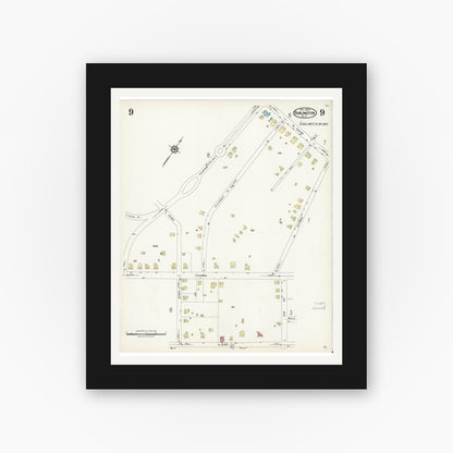 Old map wall art mockup — black gallery frame with white mat — Sanborn Fire Insurance Map from Burlington, Alamance County, North Carolina (1924), Sheet #0009