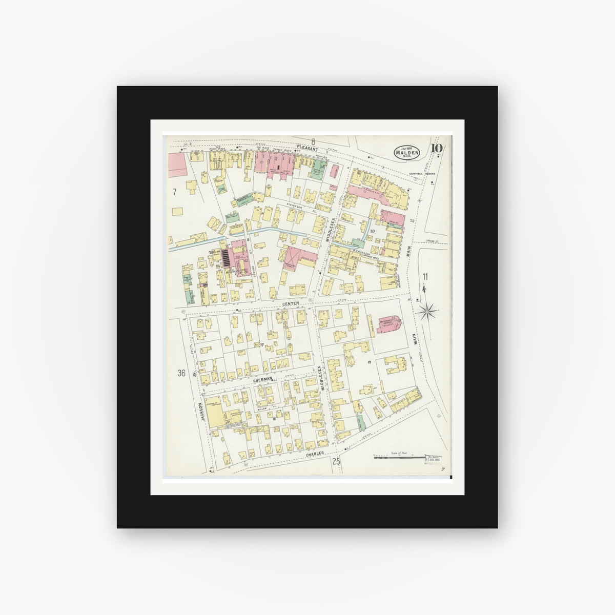 Old map wall art mockup — black gallery frame with white mat — Sanborn Fire Insurance Map from Malden, Middlesex County, Massachusetts (1897), Sheet #0010