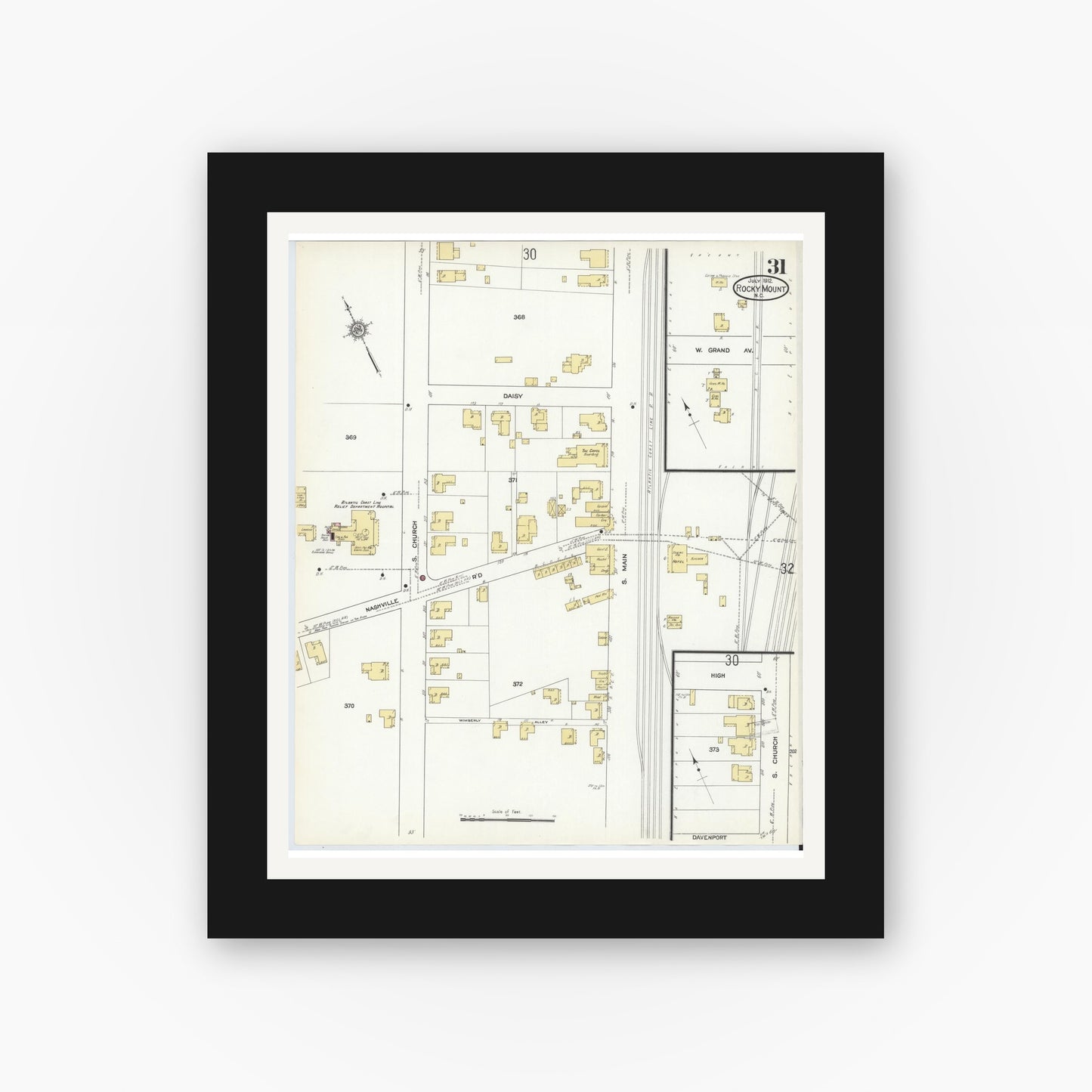 Old map wall art mockup — black gallery frame with white mat — Sanborn Fire Insurance Map from Rocky Mount, Edgecombe And Nash Counties, North Carolina (1912), Sheet #0031
