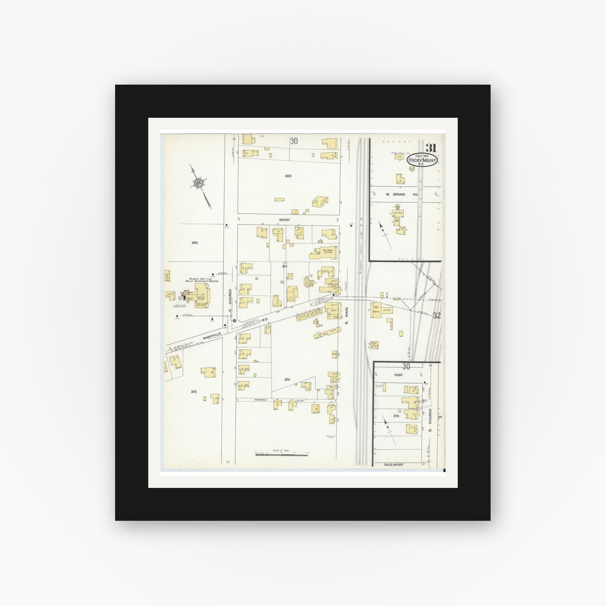 Old map wall art mockup — black gallery frame with white mat — Sanborn Fire Insurance Map from Rocky Mount, Edgecombe And Nash Counties, North Carolina (1912), Sheet #0031
