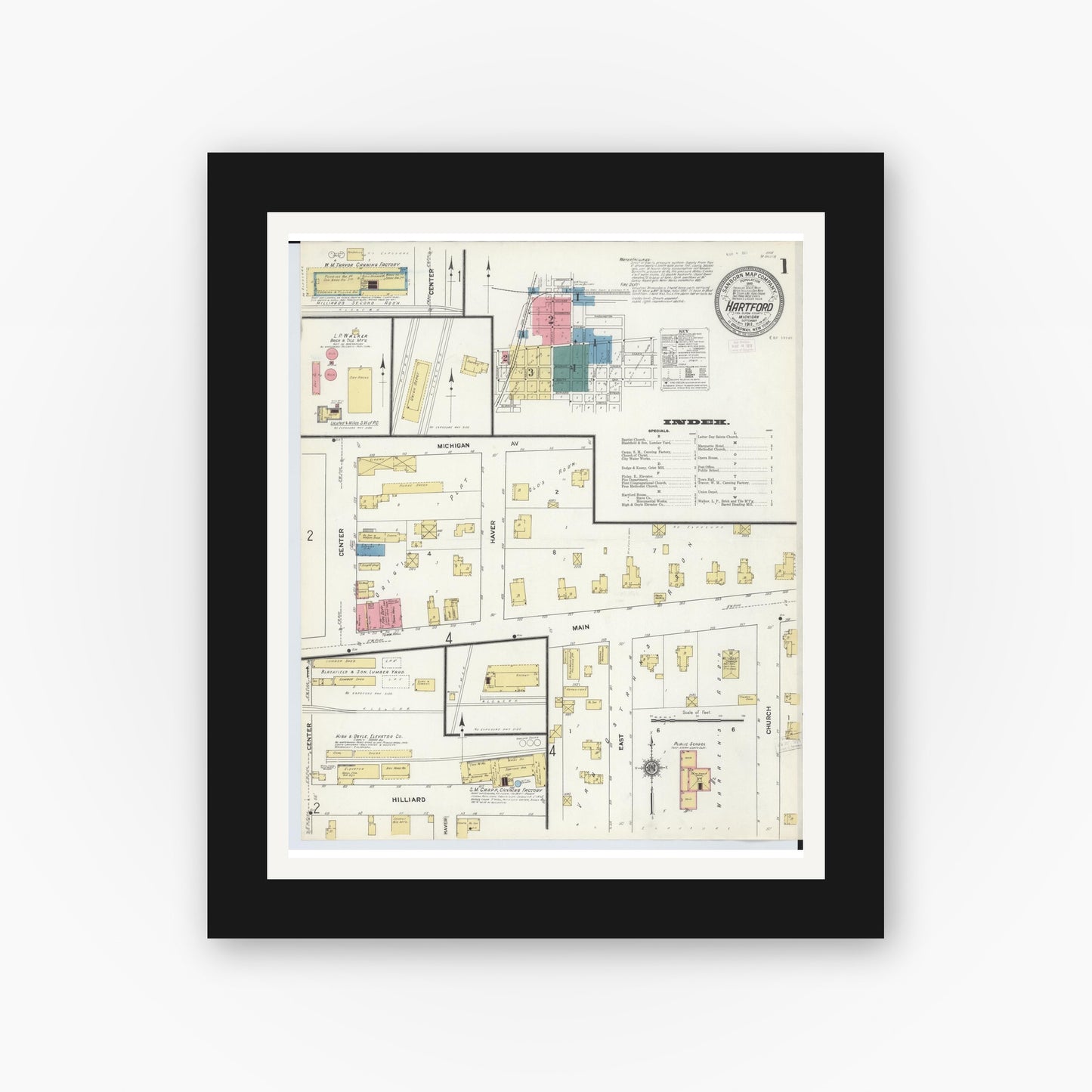 Old map wall art mockup — black gallery frame with white mat — Sanborn Fire Insurance Map from Hartford, Van Buren County, Michigan (1911) - Complete Map Set