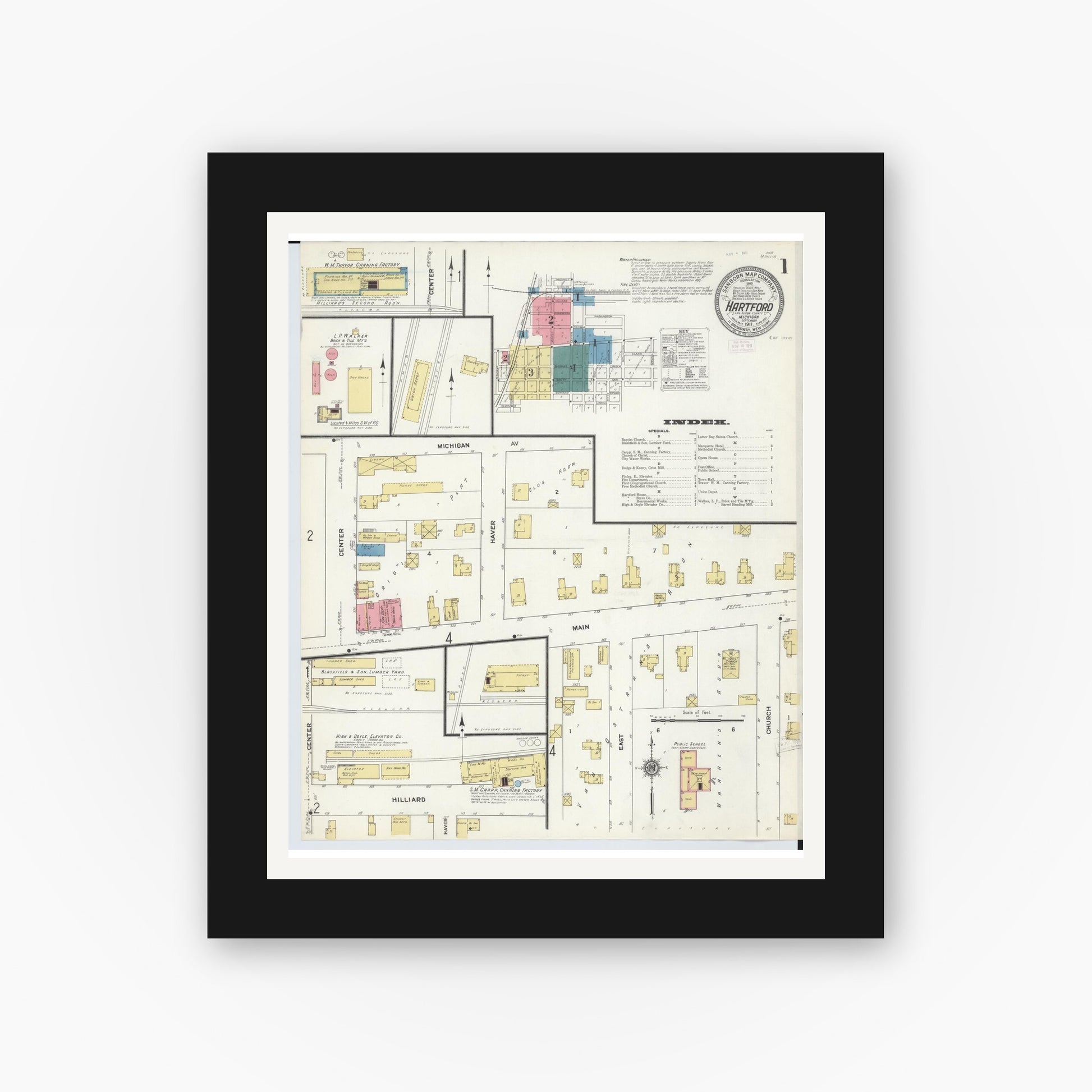 Old map wall art mockup — black gallery frame with white mat — Sanborn Fire Insurance Map from Hartford, Van Buren County, Michigan (1911) - Complete Map Set