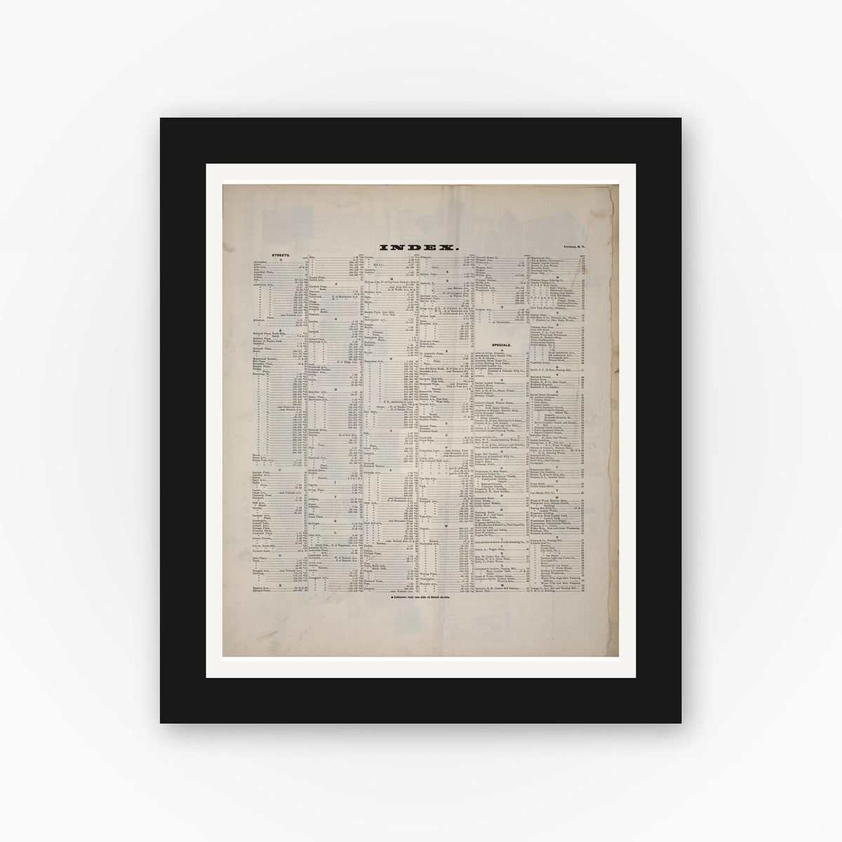 Old map wall art mockup — black gallery frame with white mat — Sanborn Fire Insurance Map from Yonkers, Westchester County, New York (1898), Sheet #0001