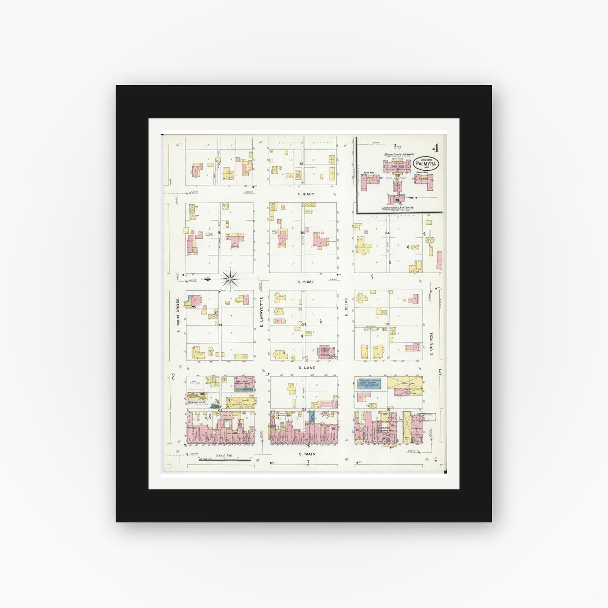 Old map wall art mockup — black gallery frame with white mat — Sanborn Fire Insurance Map from Palmyra, Marion County, Missouri (1909), Sheet #0004