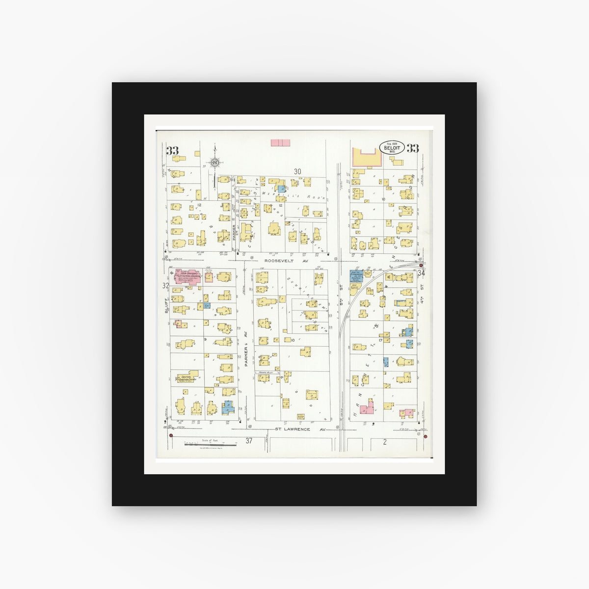 Old map wall art mockup — black gallery frame with white mat — Sanborn Fire Insurance Map from Beloit, Rock County, Wisconsin (1926), Sheet #0033