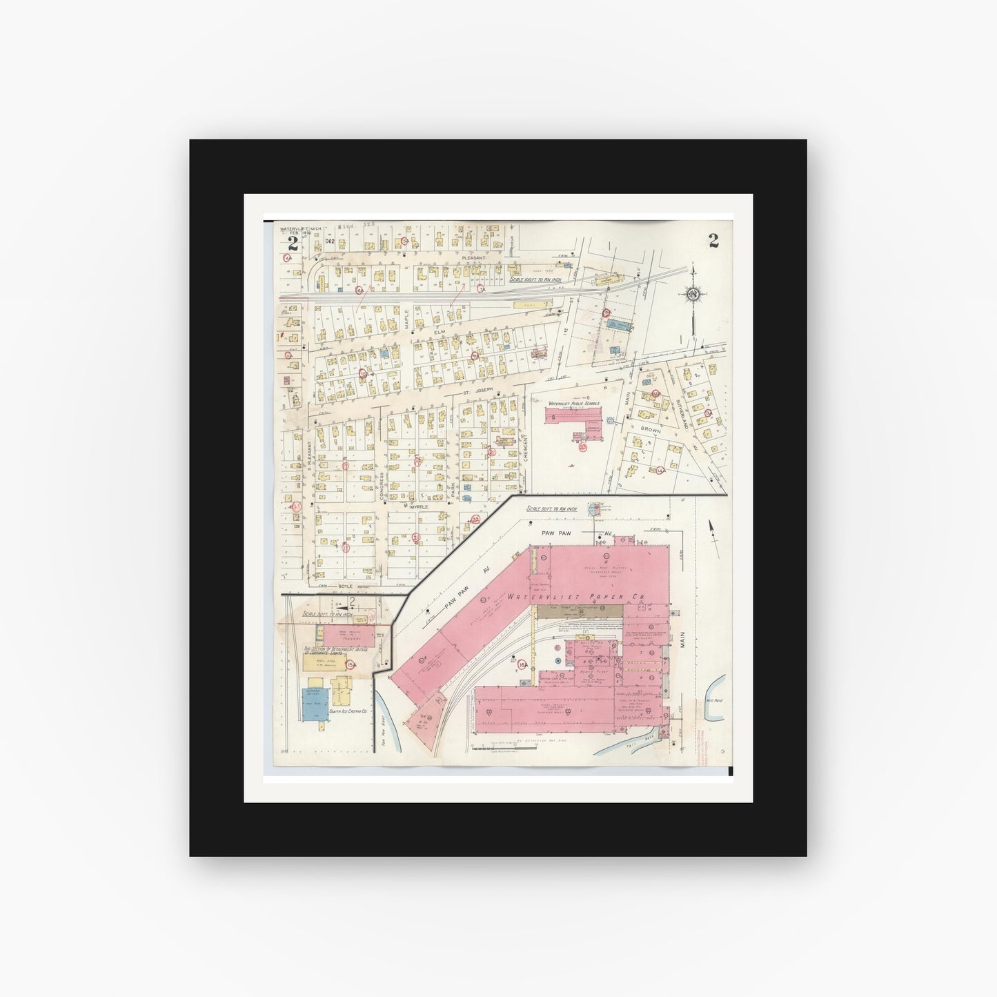 Old map wall art mockup — black gallery frame with white mat — Sanborn Fire Insurance Map from Watervliet, Berrien County, Michigan (1942), Sheet #0002