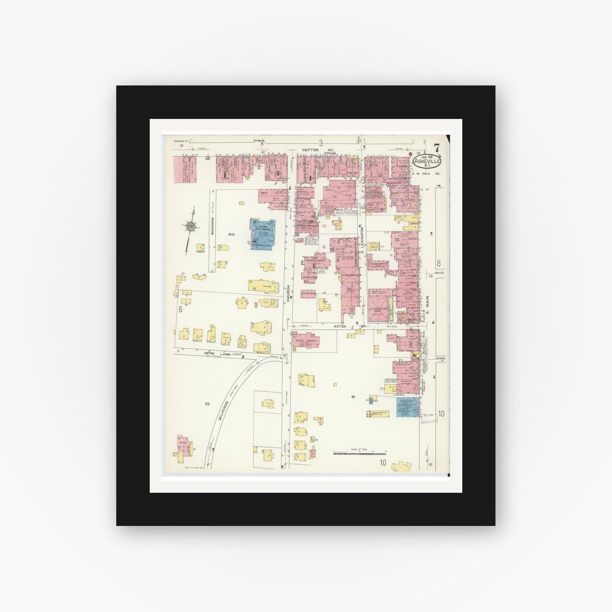 Old map wall art mockup — black gallery frame with white mat — Sanborn Fire Insurance Map from Asheville, Buncombe County, North Carolina (1913), Sheet #0007