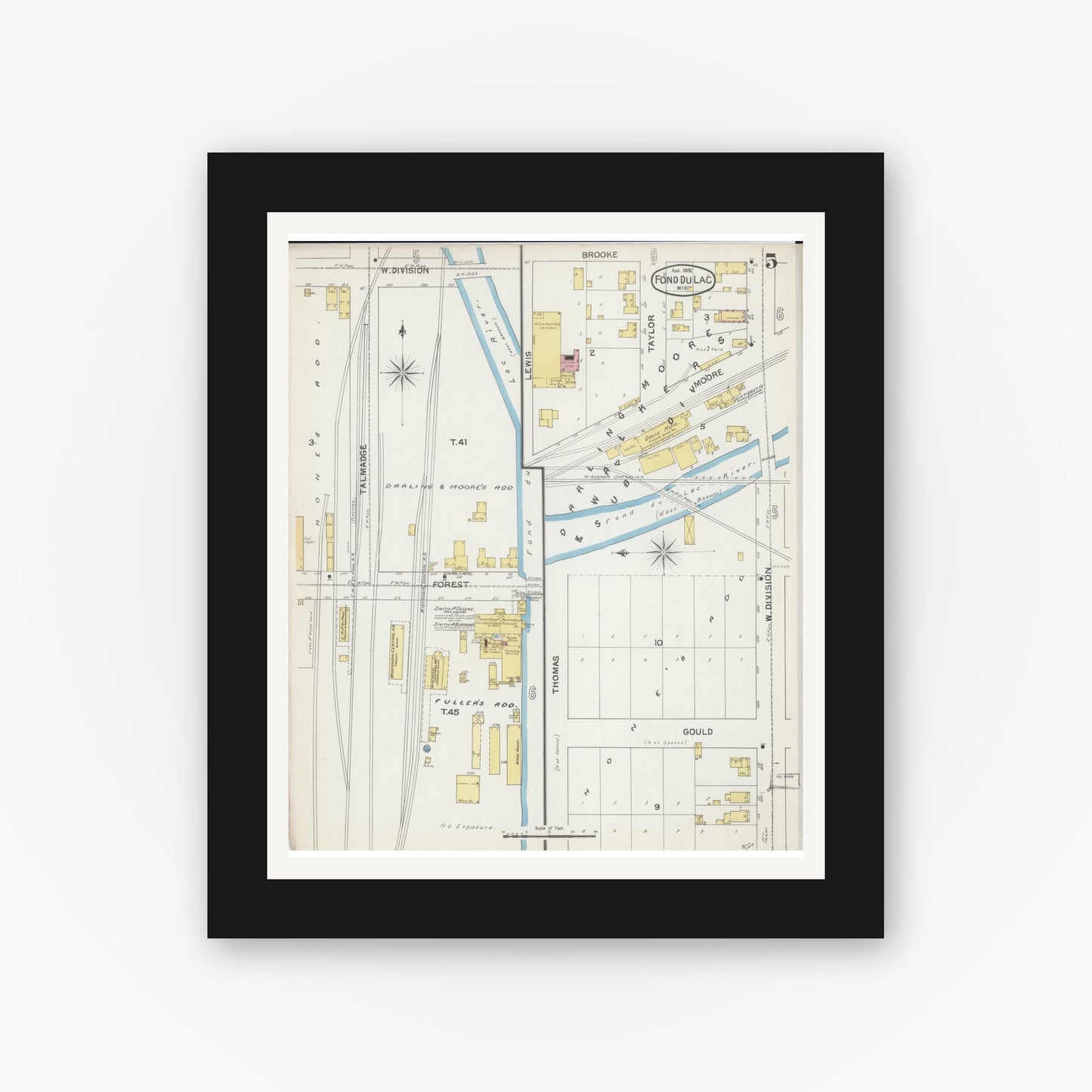 Old map wall art mockup — black gallery frame with white mat — Sanborn Fire Insurance Map from Fond du Lac, Fond du Lac County, Wisconsin (1892), Sheet #0005