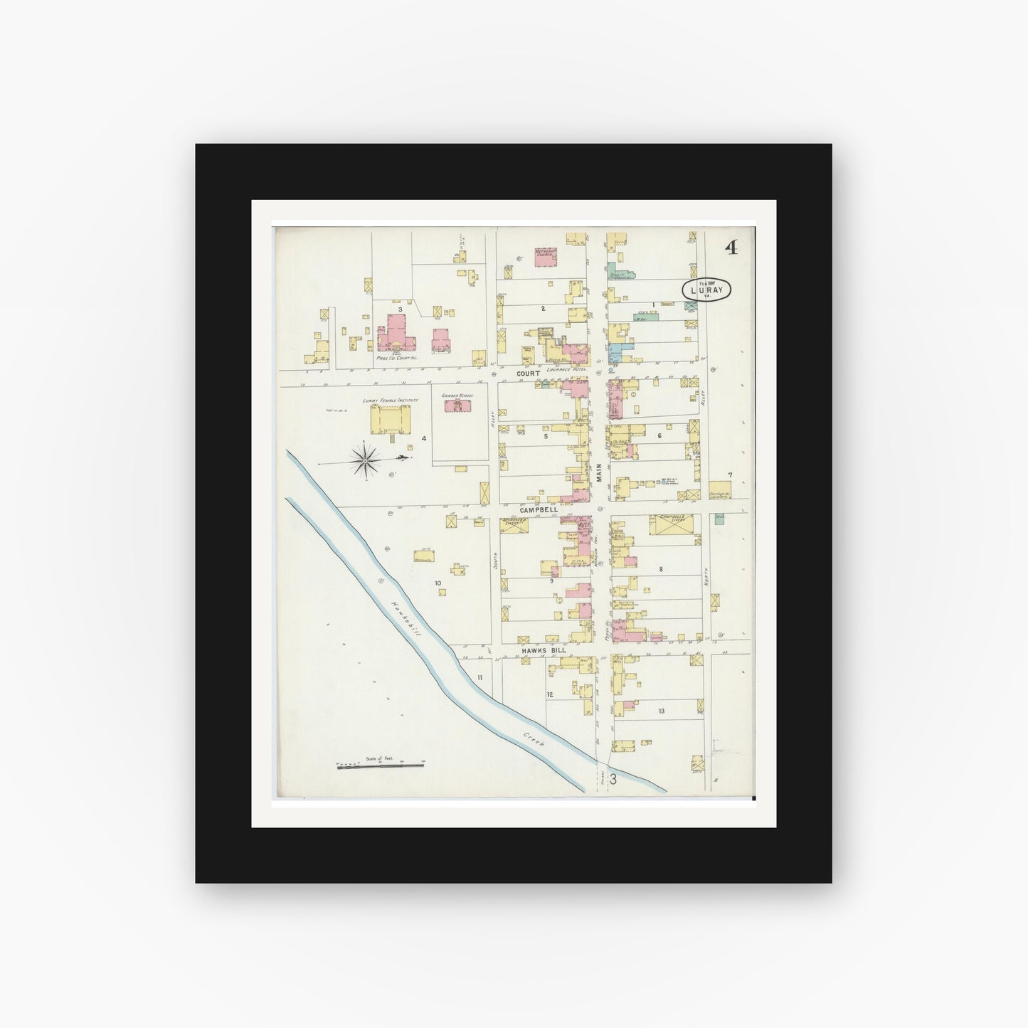Old map wall art mockup — black gallery frame with white mat — Sanborn Fire Insurance Map from Luray, Page County, Virginia (1897), Sheet #0004