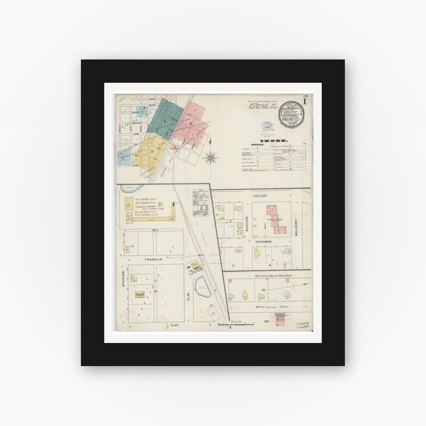 Old map wall art mockup — black gallery frame with white mat — Sanborn Fire Insurance Map from Oakland City, Gibson County, Indiana (1894) - Complete Map Set